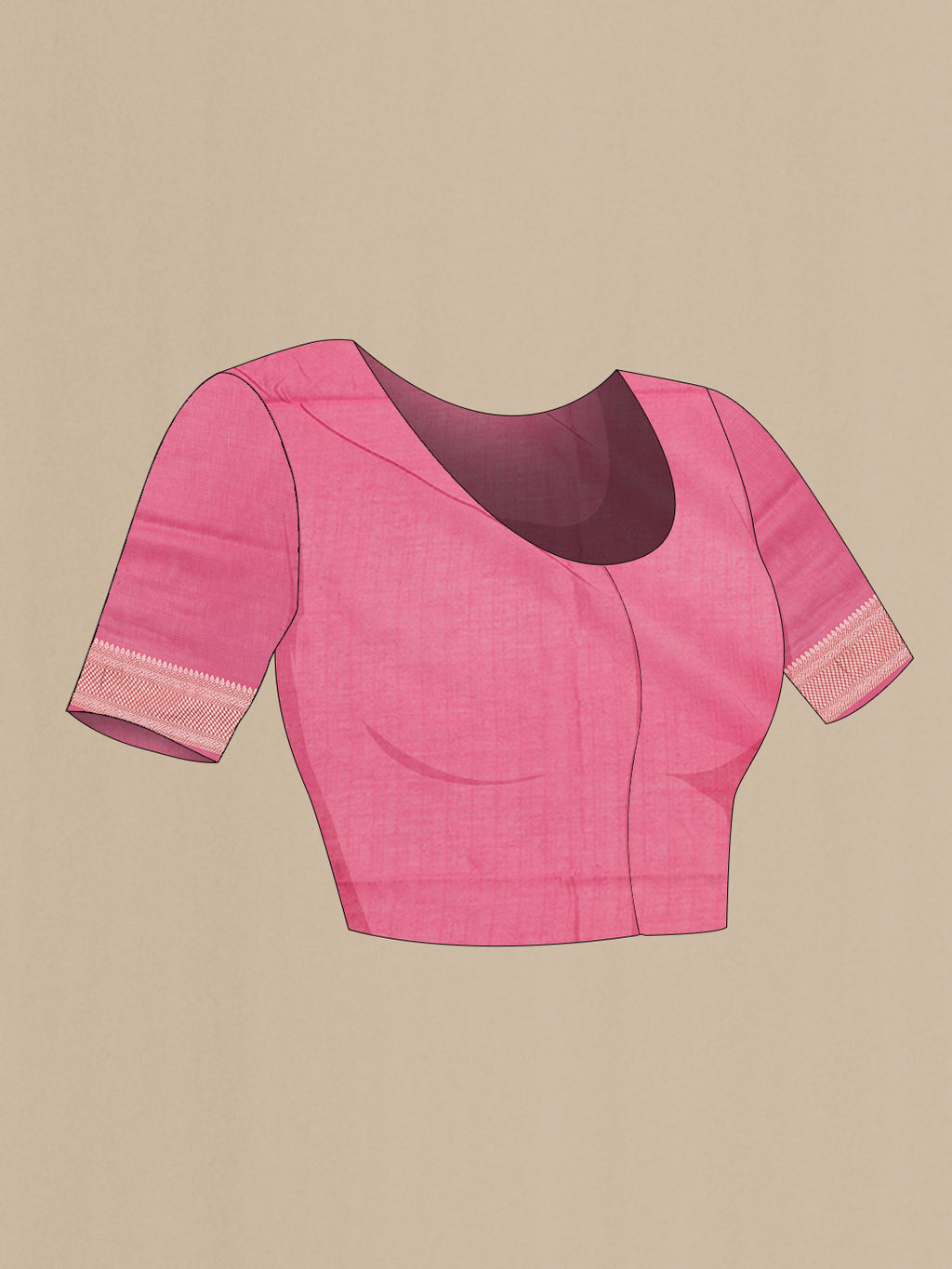 Close up image of the blouse of Pure Silk Pink Dual Tone Chanderi Saree with Printed design on the body and Thread Border. 