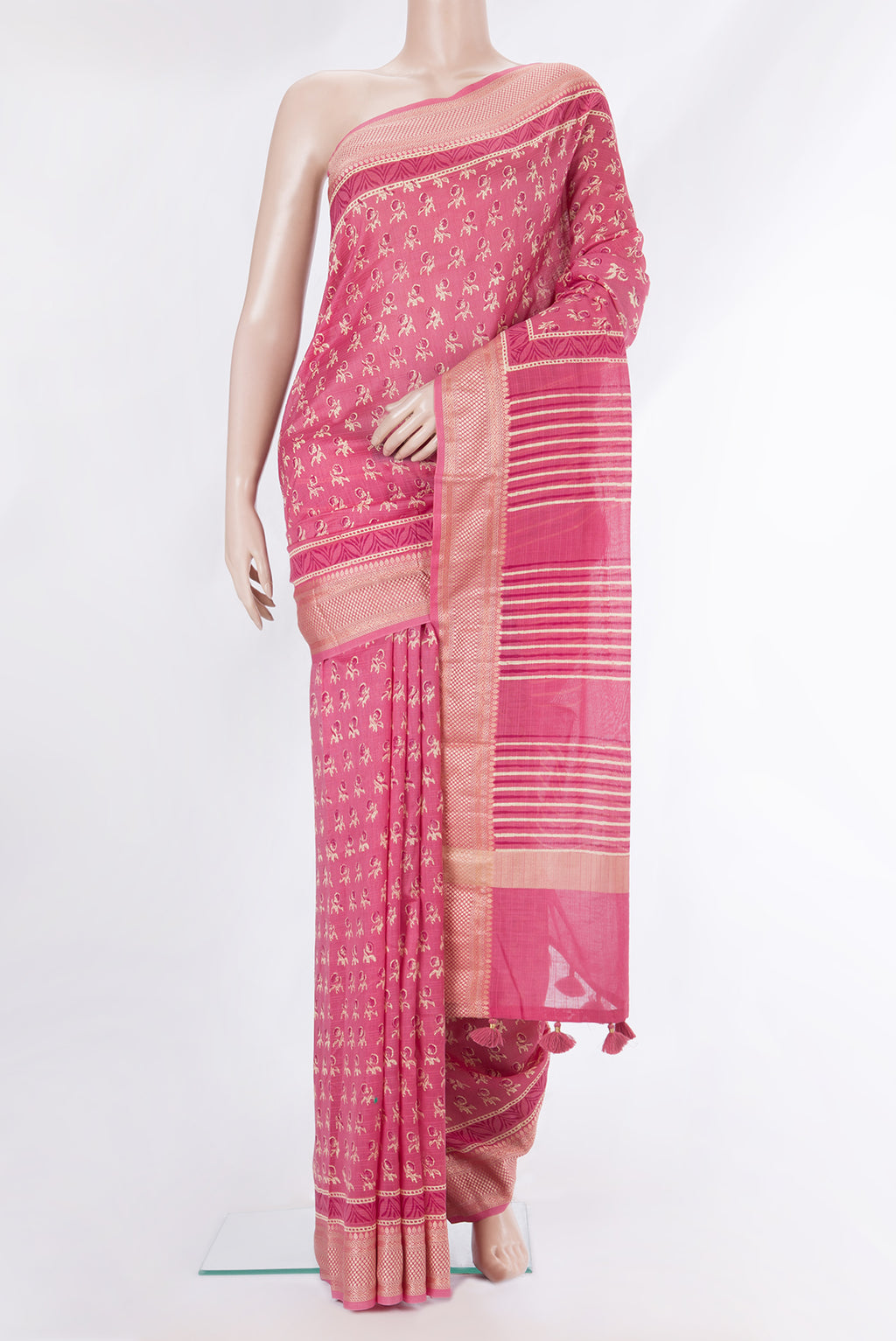 Pure Silk Pink Dual Tone Chanderi Saree with Printed design on the body and Thread Border.  displayed on a mannequin