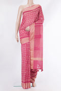 Pure Silk Pink Dual Tone Chanderi Saree with Printed design on the body and Thread Border.  displayed on a mannequin