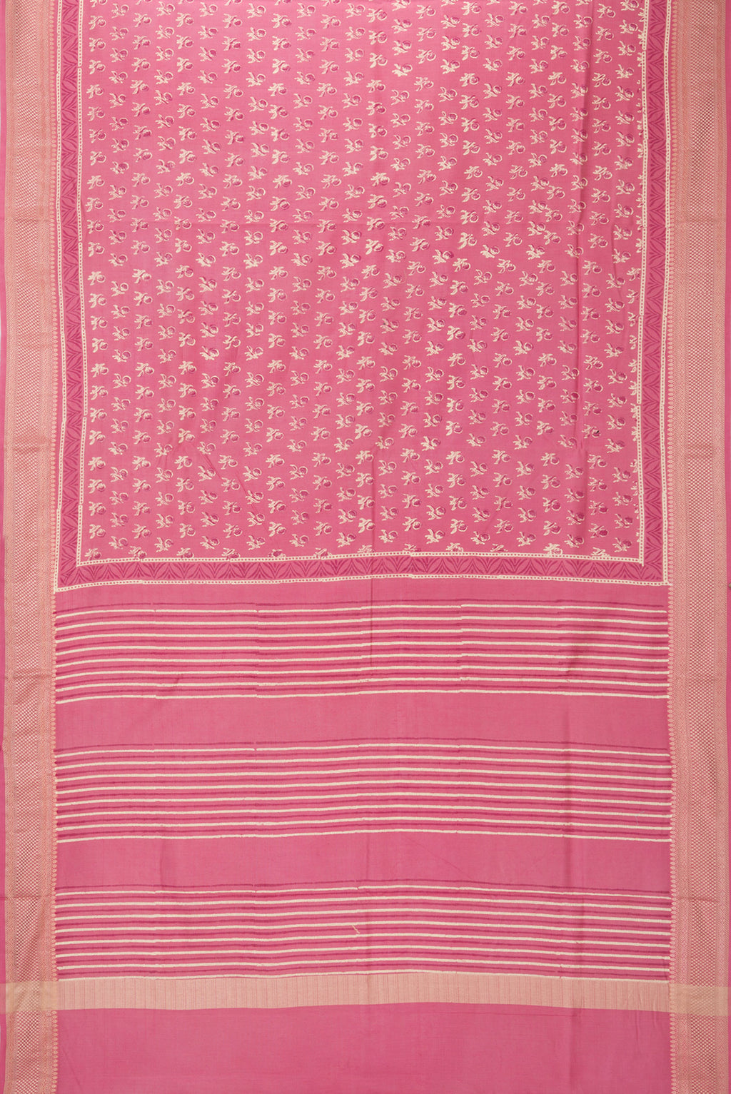 Flat view of Pure Silk Pink Dual Tone Chanderi Saree with Printed design on the body and Thread Border. 