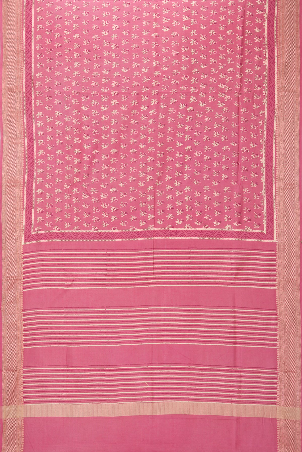 Flat view of Pure Silk Pink Dual Tone Chanderi Saree with Printed design on the body and Thread Border. 