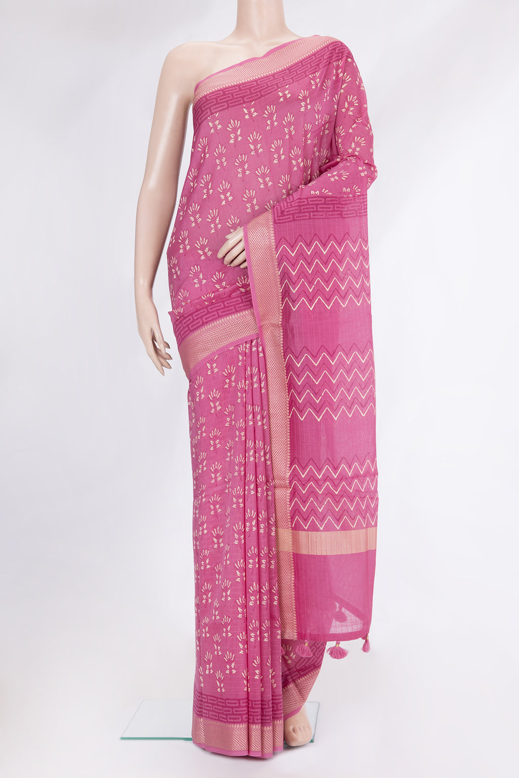 Pink Dual Tone Chanderi Silk Saree with Printed design on the body and Thread Border.  displayed on a mannequin