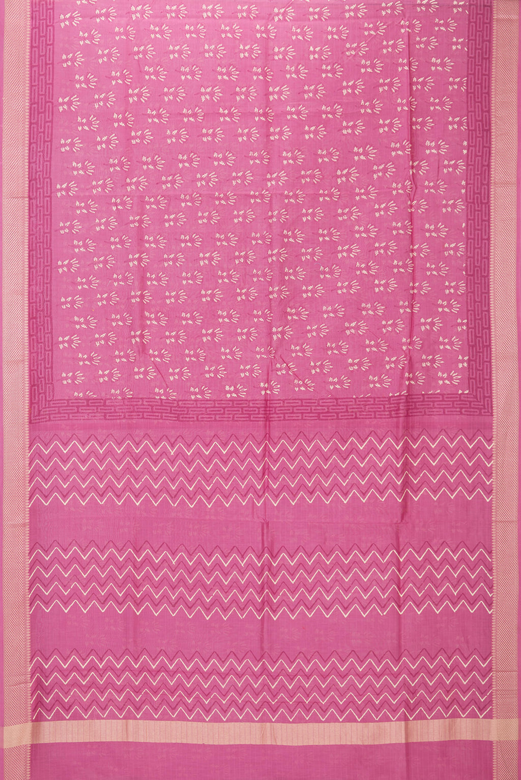 Flat view of Pink Dual Tone Chanderi Silk Saree with Printed design on the body and Thread Border. 
