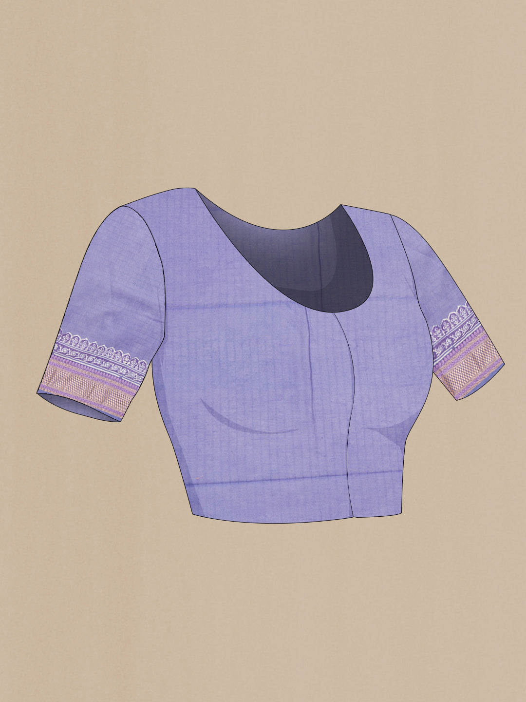 Close up image of the blouse of Pure Silk Lilac Dual Tone Chanderi Saree with Printed design on the body and Thread Border. 