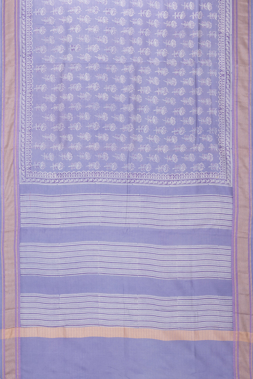 Flat view of Pure Silk Lilac Dual Tone Chanderi Saree with Printed design on the body and Thread Border. 