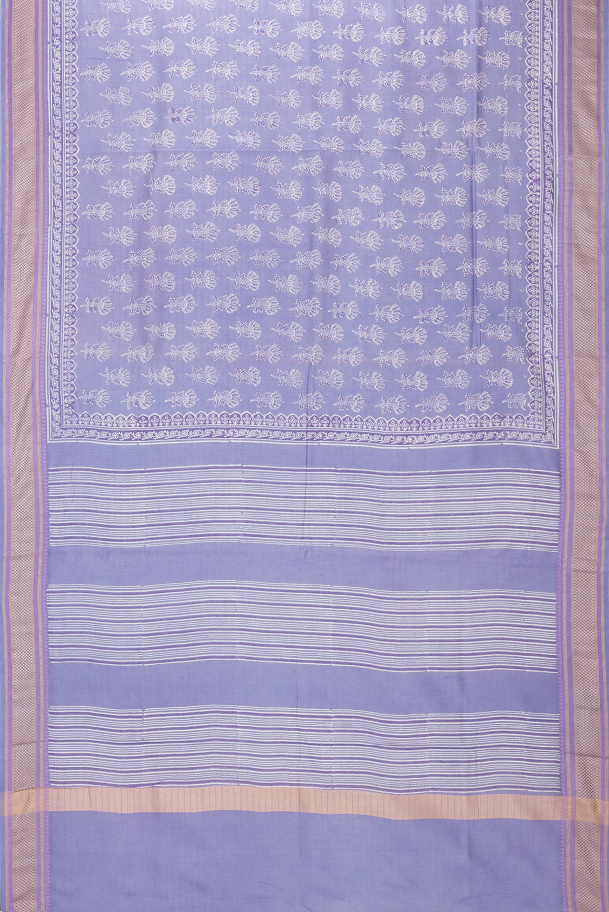 Flat view of Pure Silk Lilac Dual Tone Chanderi Saree with Printed design on the body and Thread Border. 