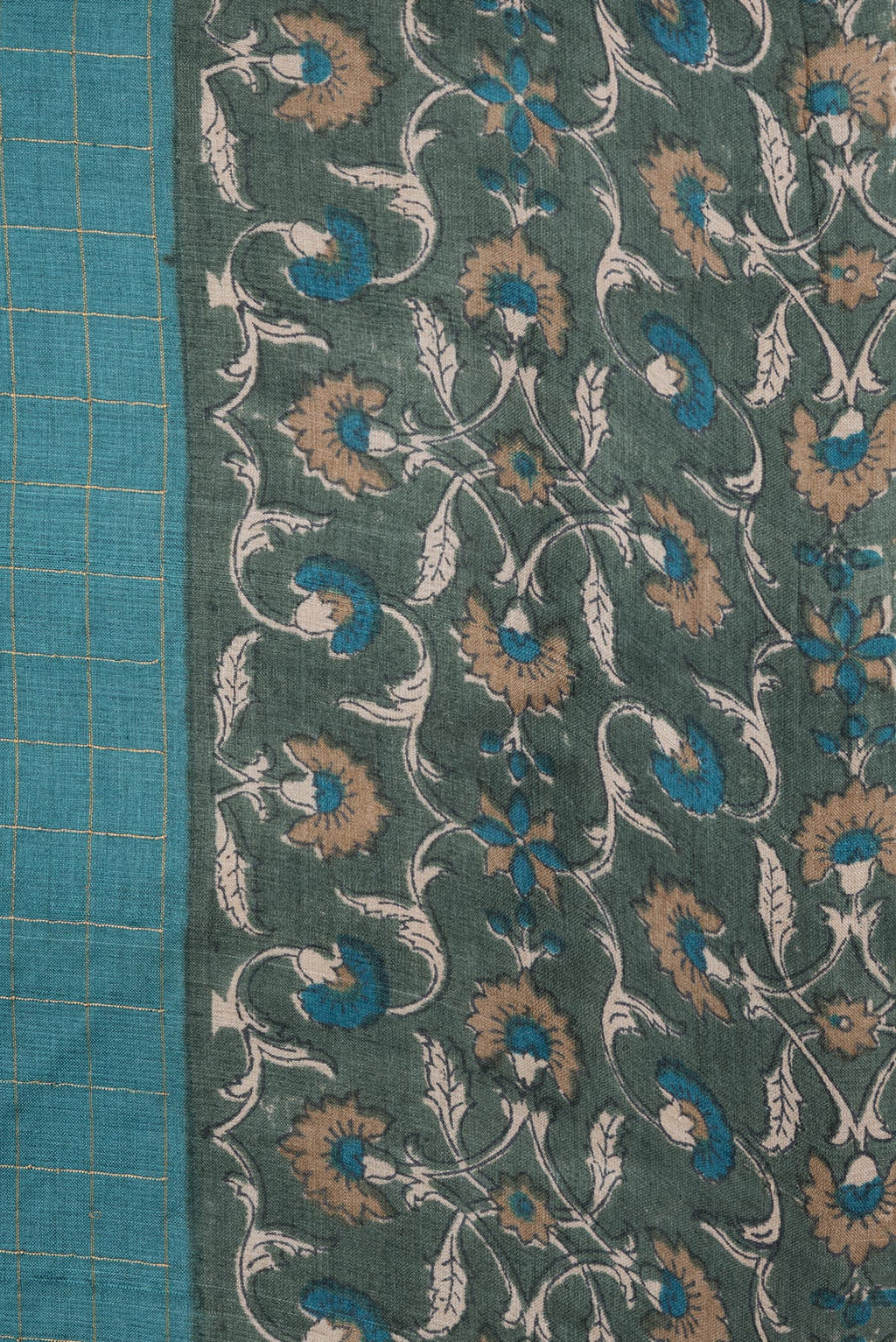 Border image of Peacock Blue Dual Tone Tussar Silk Saree with Checked design on the body and Printed Border. 