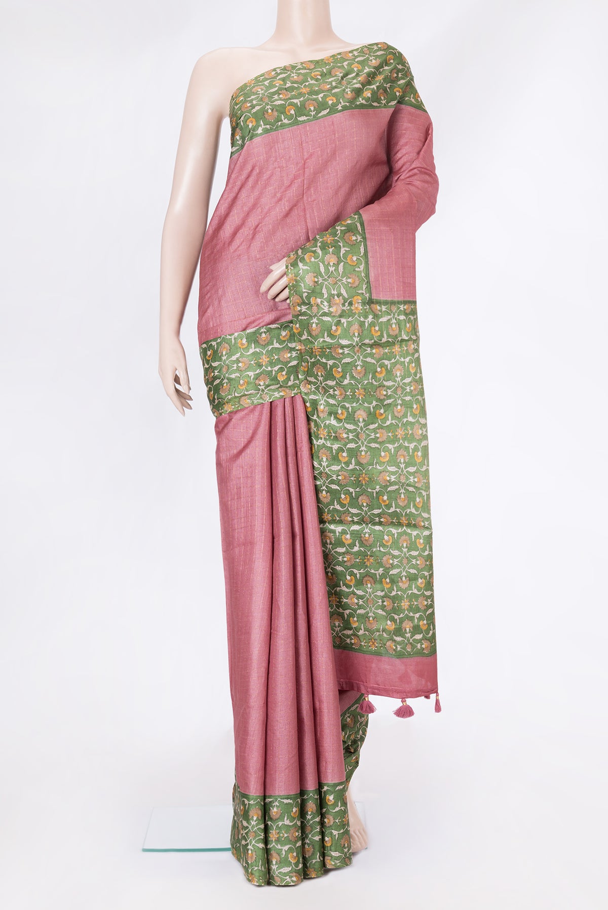 Pink Tussar Silk Saree with Checked design on the body and Fancy Border.  displayed on a mannequin