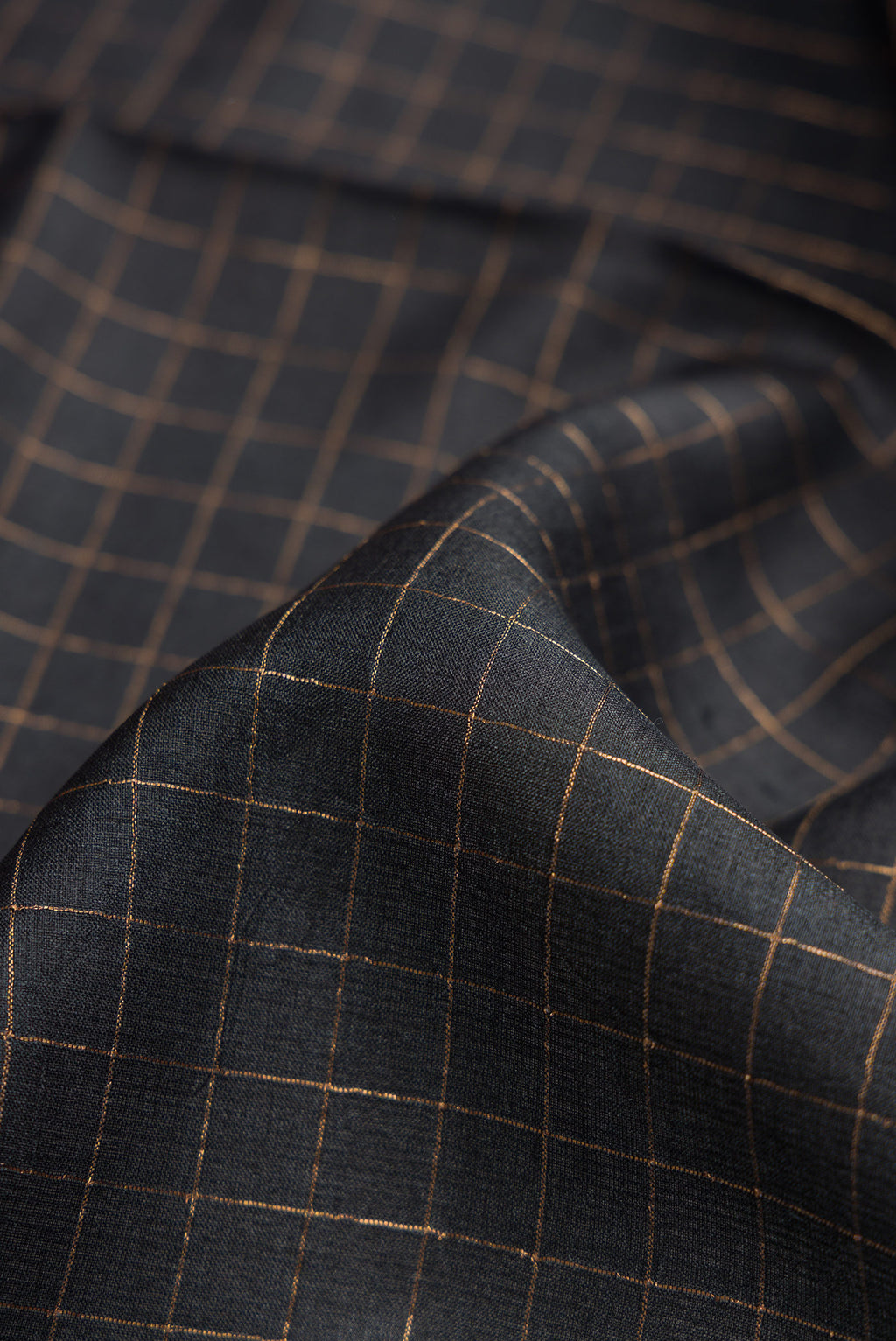 Close up of Black Dual Tone Tussar Silk Saree with Checked design on the body and Printed Border.  displaying folds