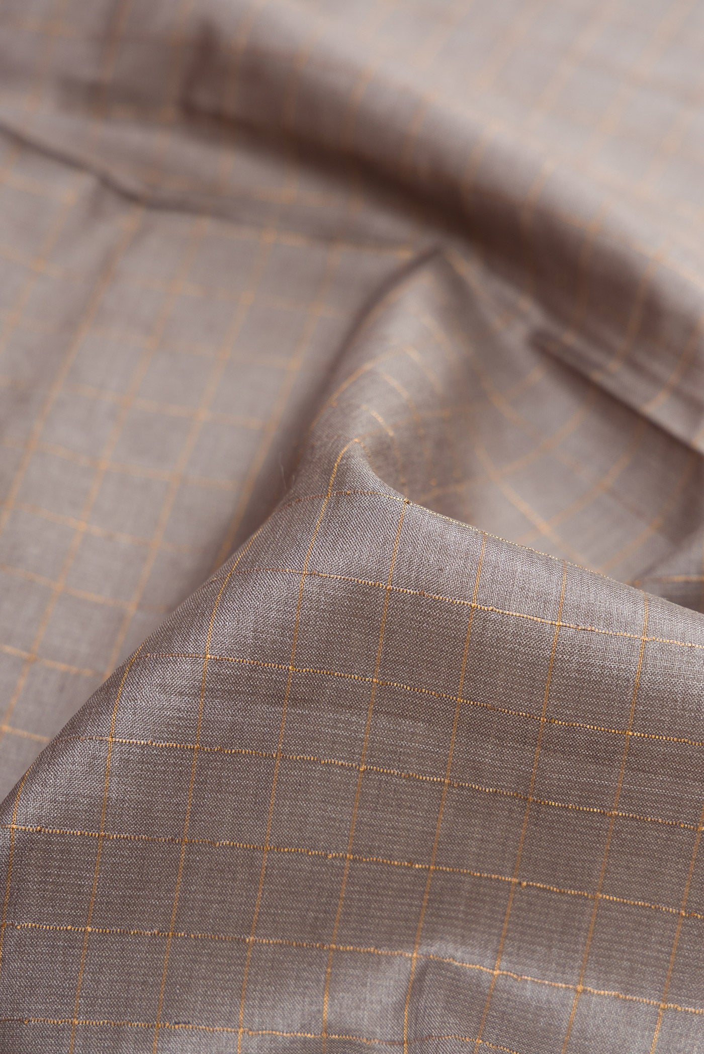 Close up of Grey Dual Tone Tussar Silk Saree with Checked design on the body and Printed Border.  displaying folds