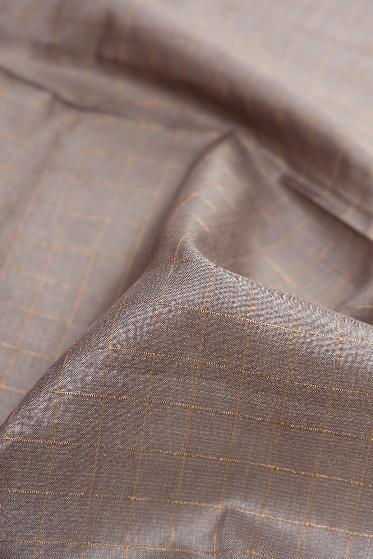 Close up of Grey Dual Tone Tussar Silk Saree with Checked design on the body and Printed Border.  displaying folds