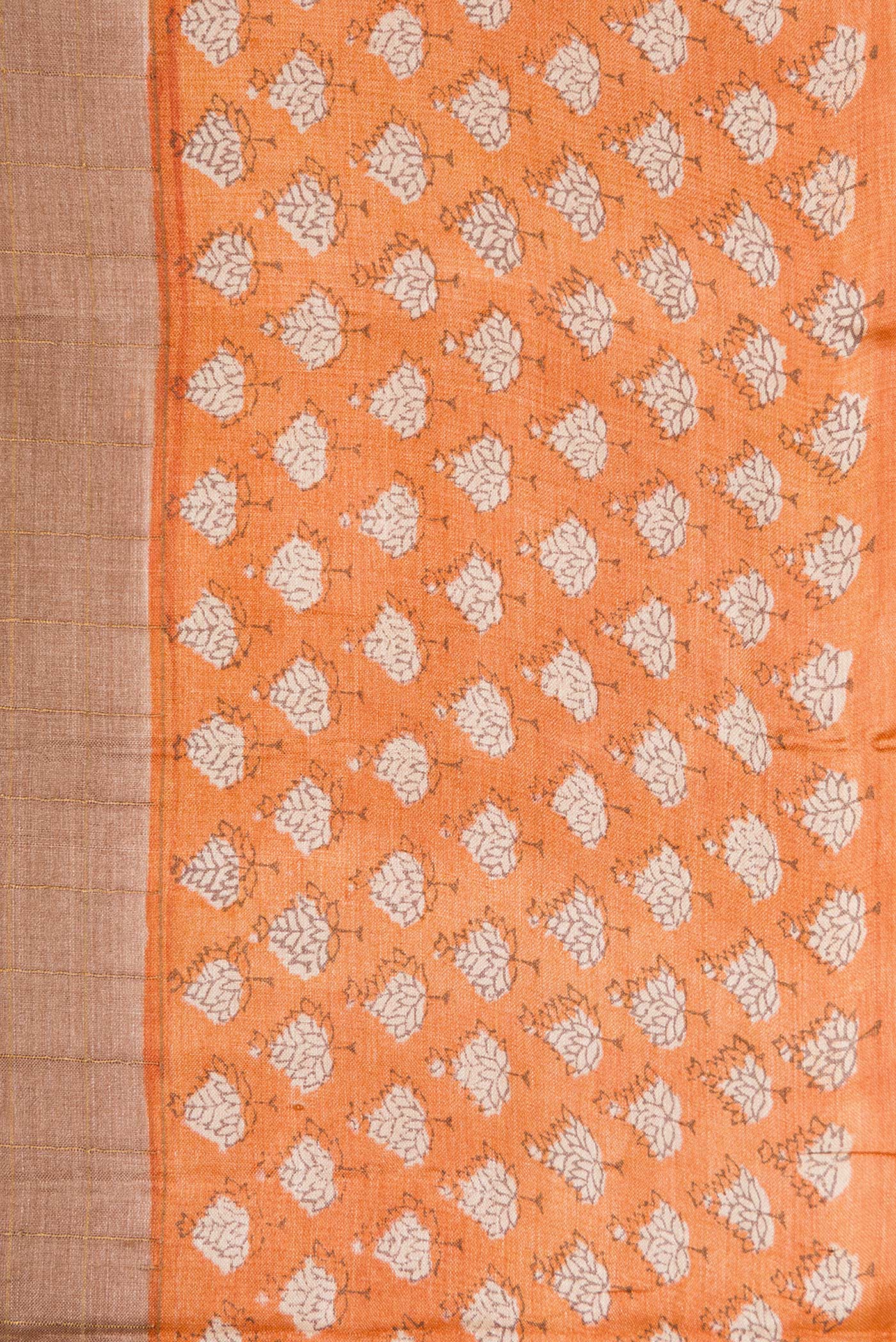 Border image of Brown Dual Tone Tussar Silk Saree with Checked design on the body and Printed Border. 