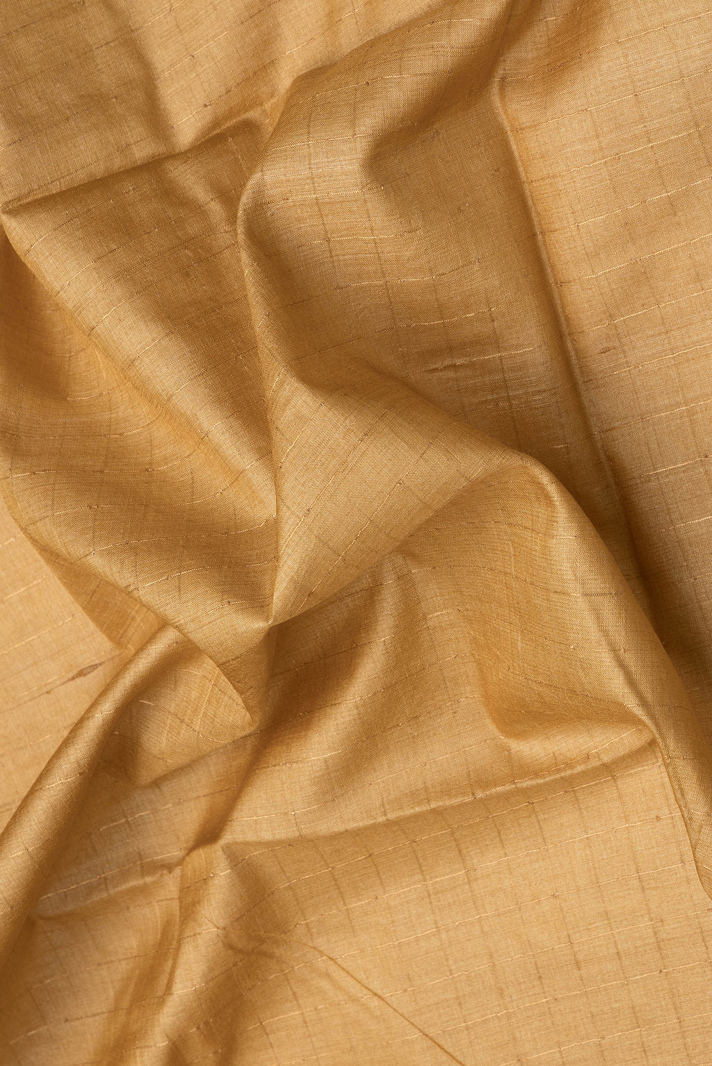 Close up of Gold Dual Tone Tussar Silk Saree with Checked design on the body and Printed Border.  displaying folds