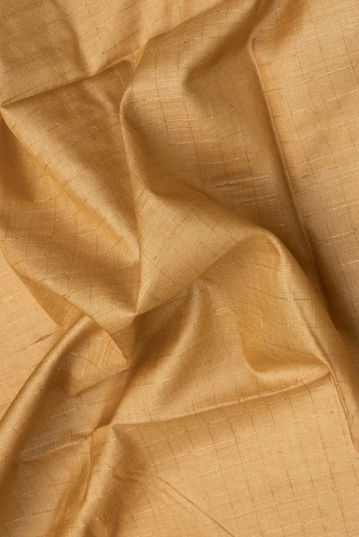 Close up of Gold Dual Tone Tussar Silk Saree with Checked design on the body and Printed Border.  displaying folds