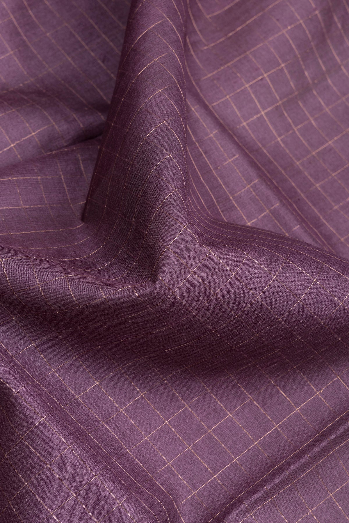 Close up of Purple Dual Tone Tussar Silk Saree with Checked design on the body and Printed Border.  displaying folds