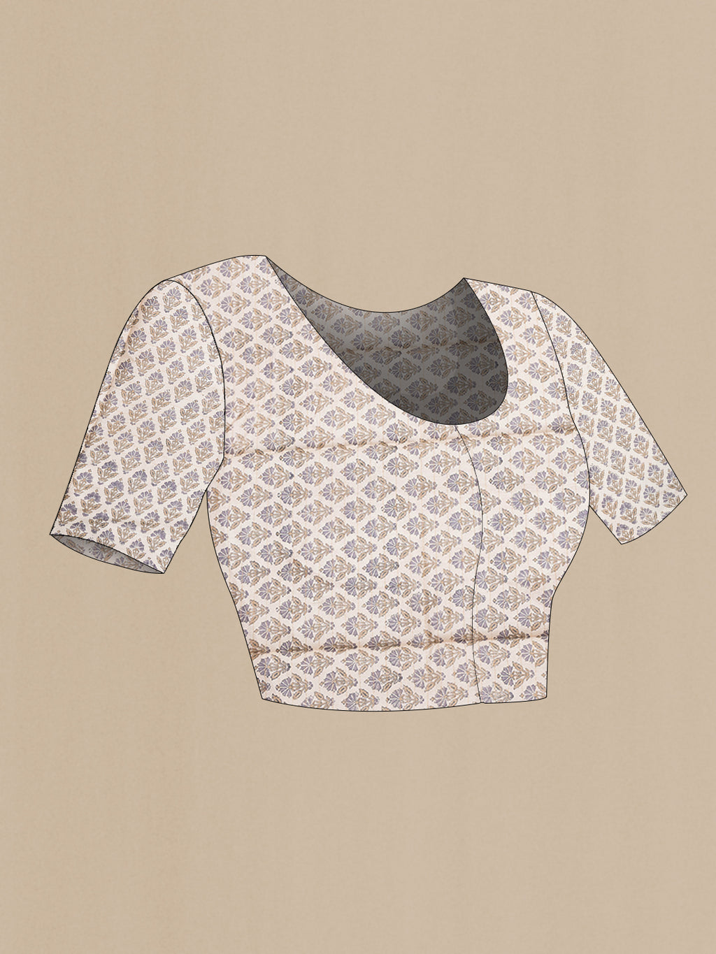 Close up image of the blouse of Grey Dual Tone Tussar Silk Saree with Checked design on the body and Printed Border. 