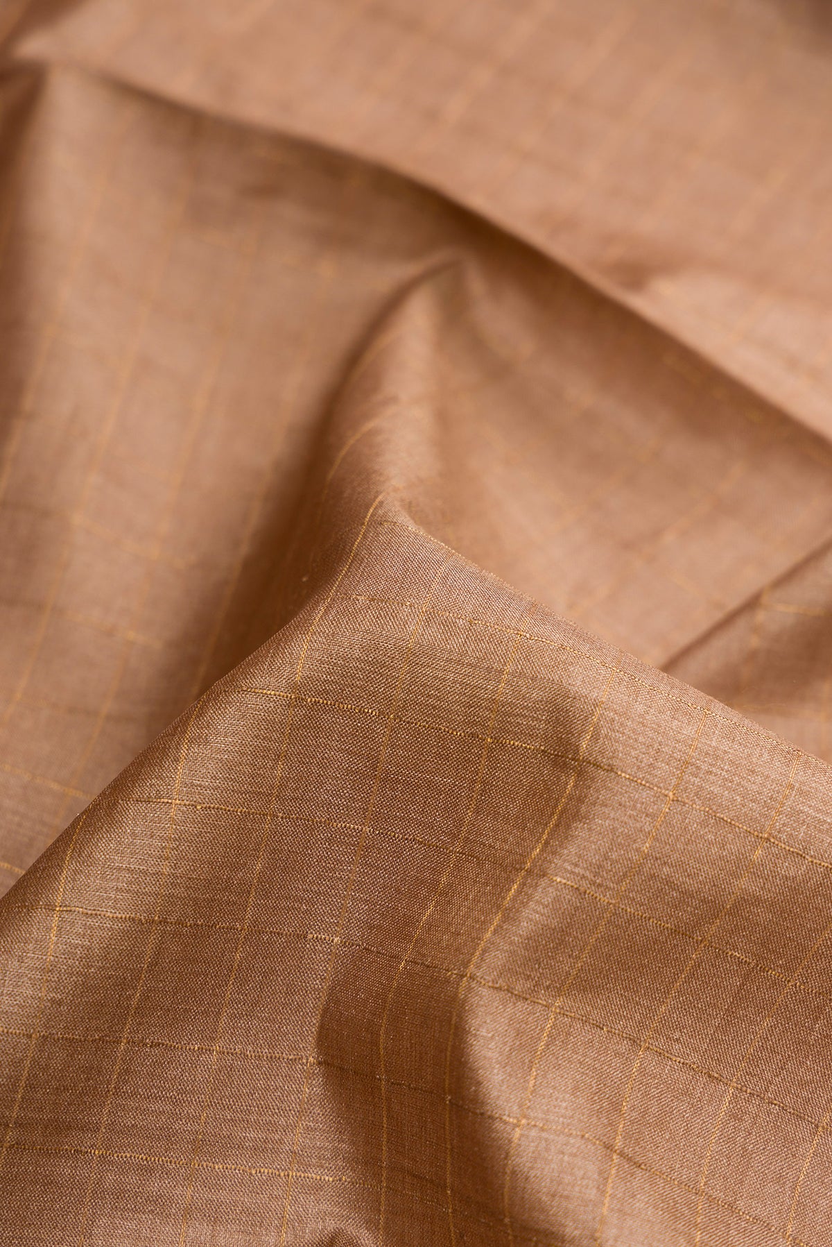 Close up of Brown Dual Tone Tussar Silk Saree with Checked design on the body and Printed Border.  displaying folds