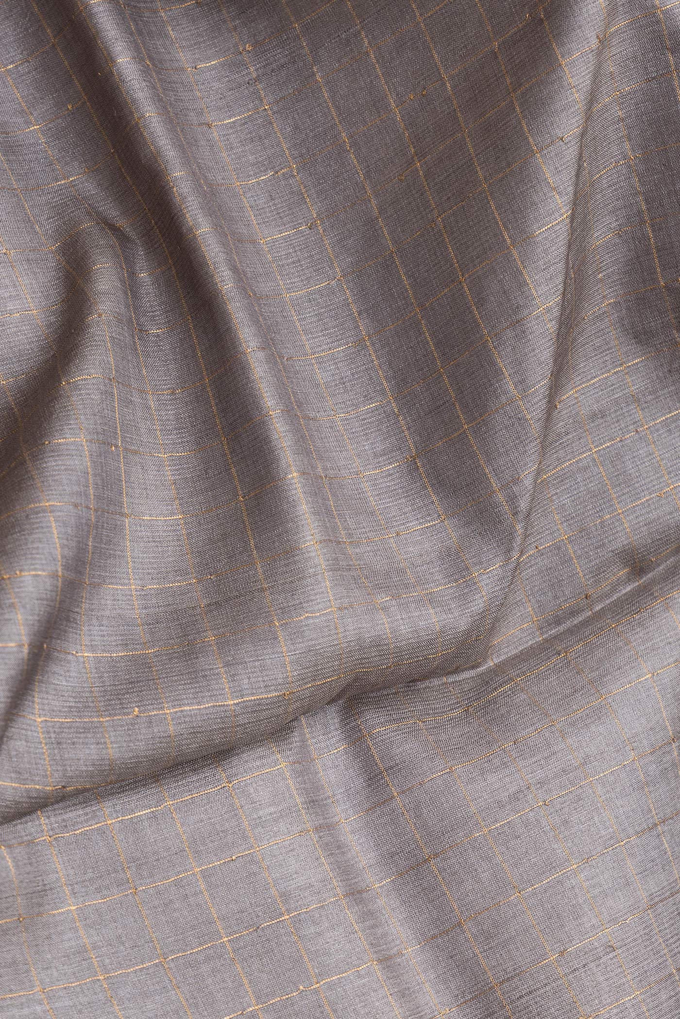 Close up of Grey Dual Tone Tussar Silk Saree with Checked design on the body and Printed Border.  displaying folds