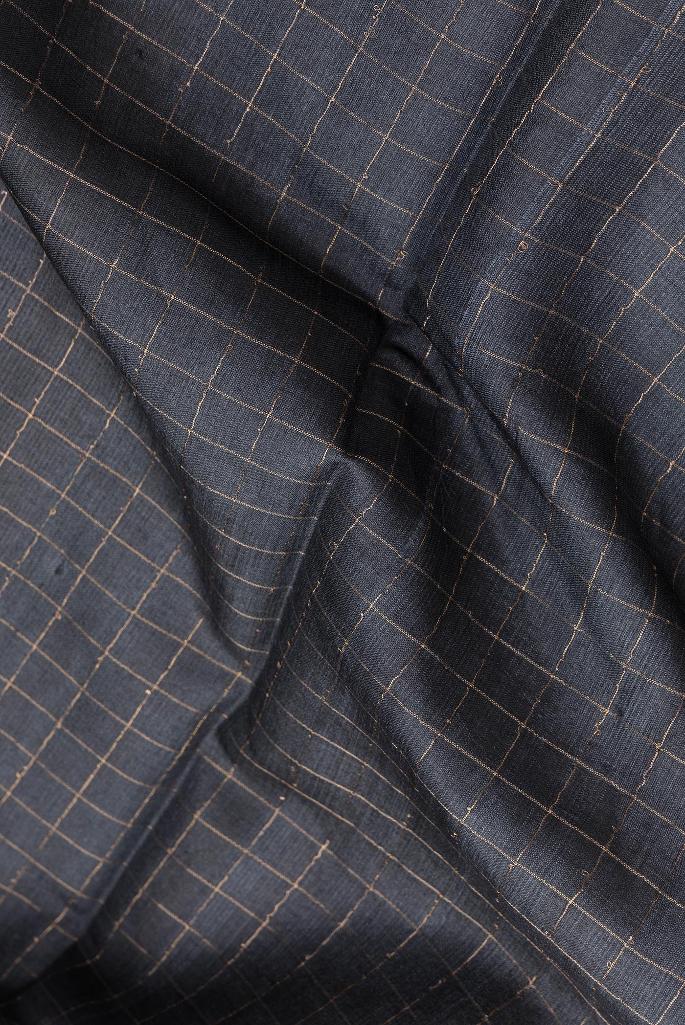 Close up of Grey Dual Tone Tussar Silk Saree with Checked design on the body and Printed Border.  displaying folds