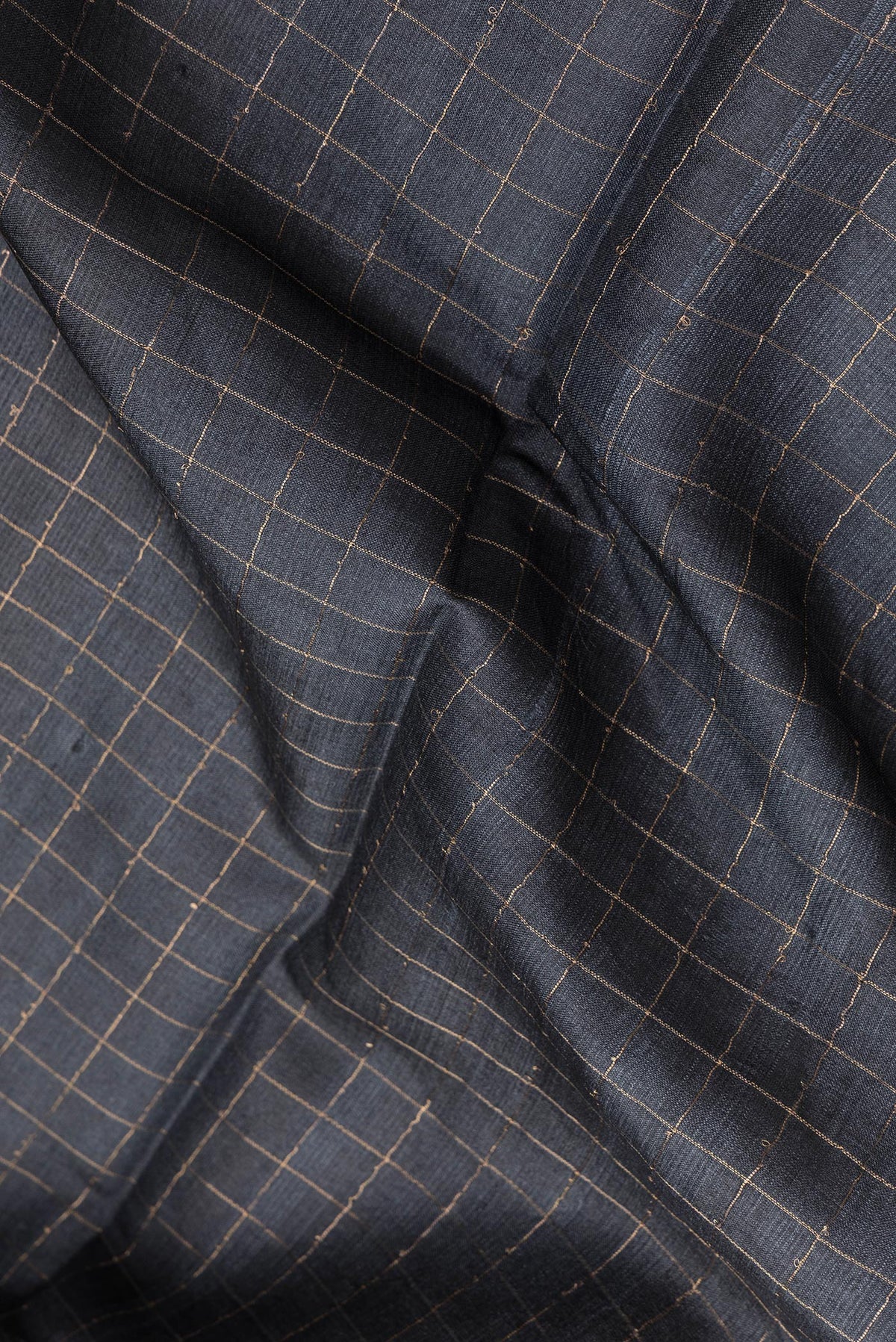 Close up of Grey Dual Tone Tussar Silk Saree with Checked design on the body and Printed Border.  displaying folds