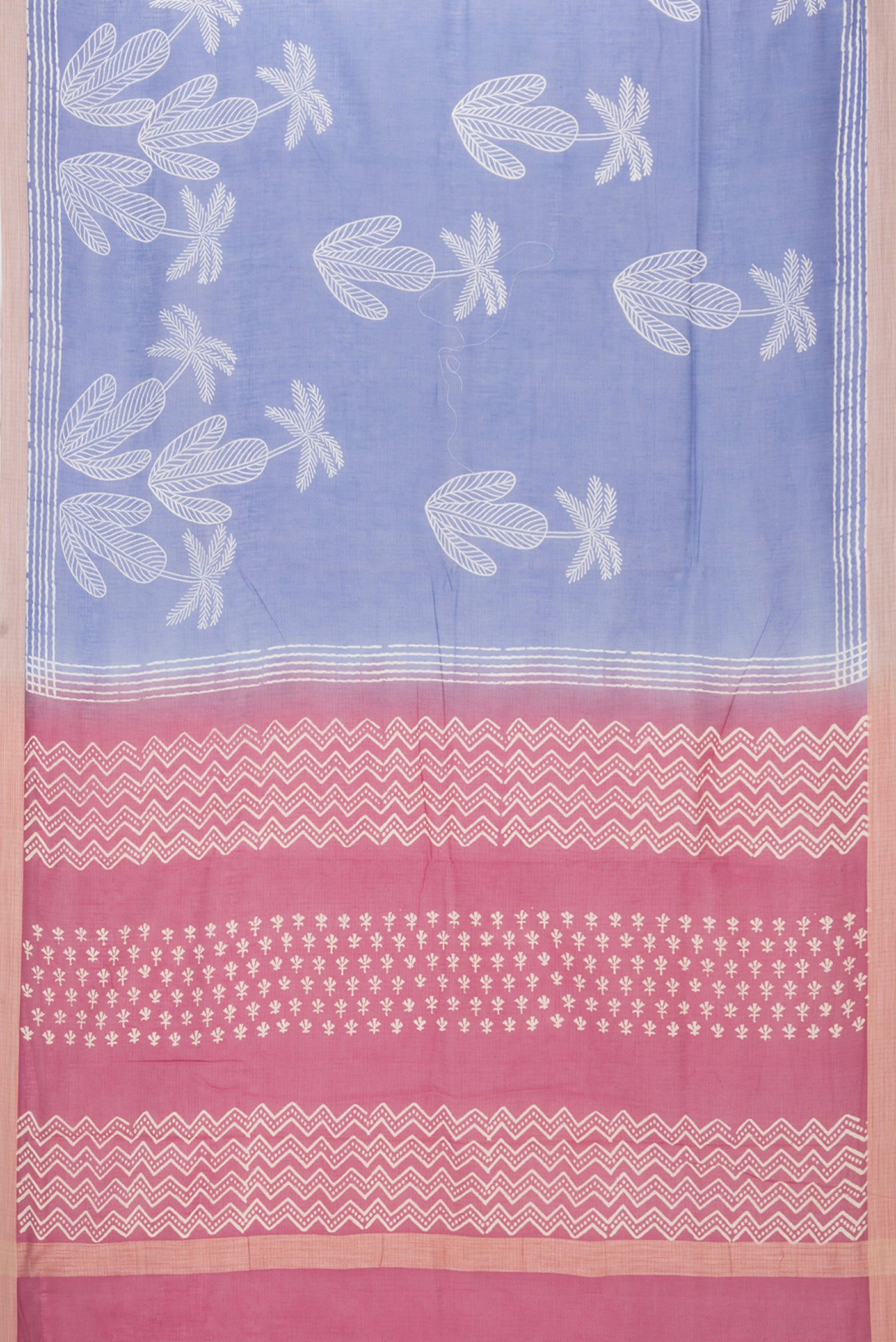Flat view of Maya Blue Kota Silk Saree with Printed design on the body and Plain Border. 