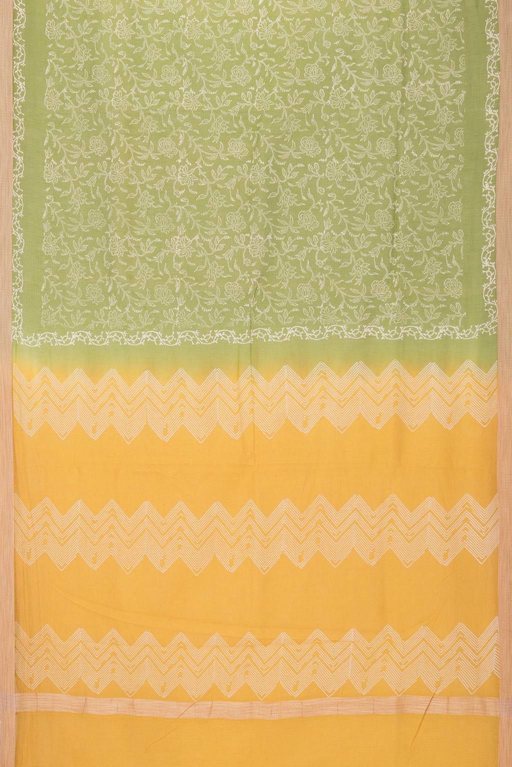 Flat view of Green Kota Cotton Saree with Printed design on the body and Printed Border. 