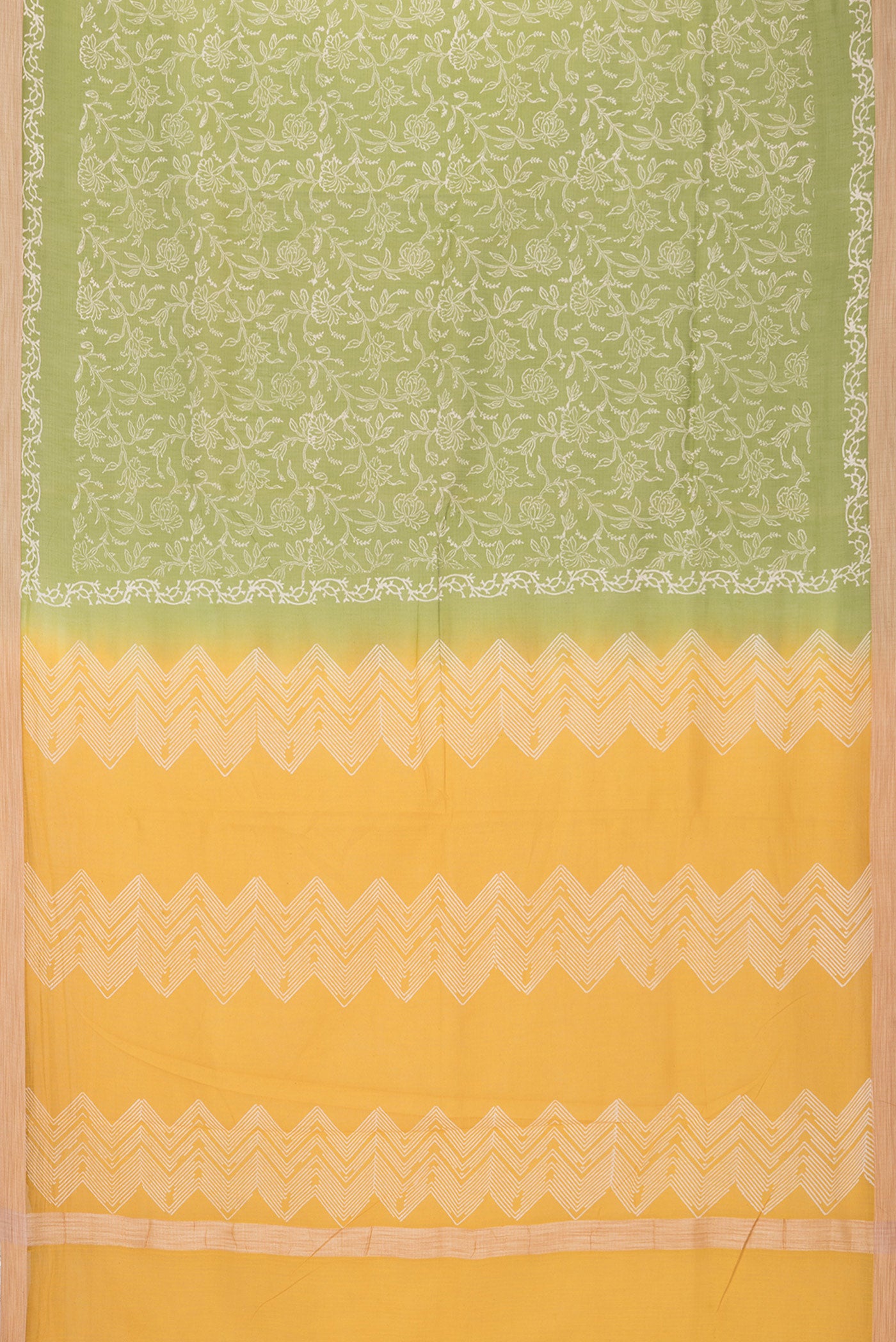 Flat view of Green Kota Cotton Saree with Printed design on the body and Printed Border. 