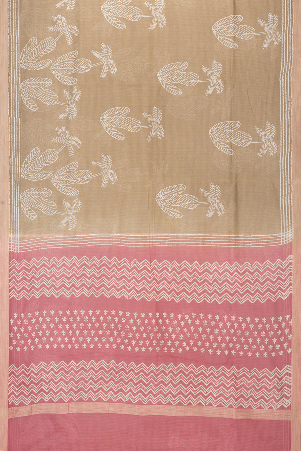 Flat view of Beige Kota Cotton Saree with Printed design on the body and Printed Border. 