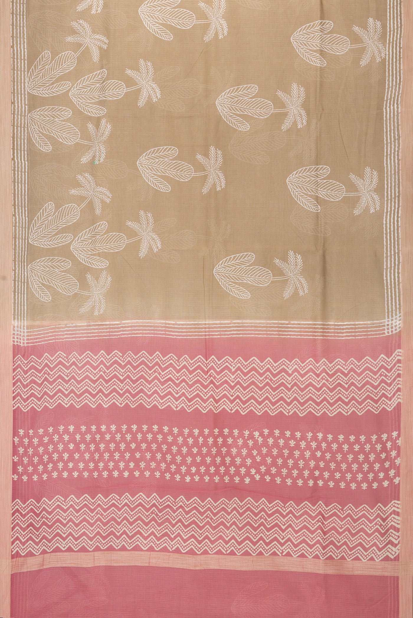 Flat view of Beige Kota Cotton Saree with Printed design on the body and Printed Border. 