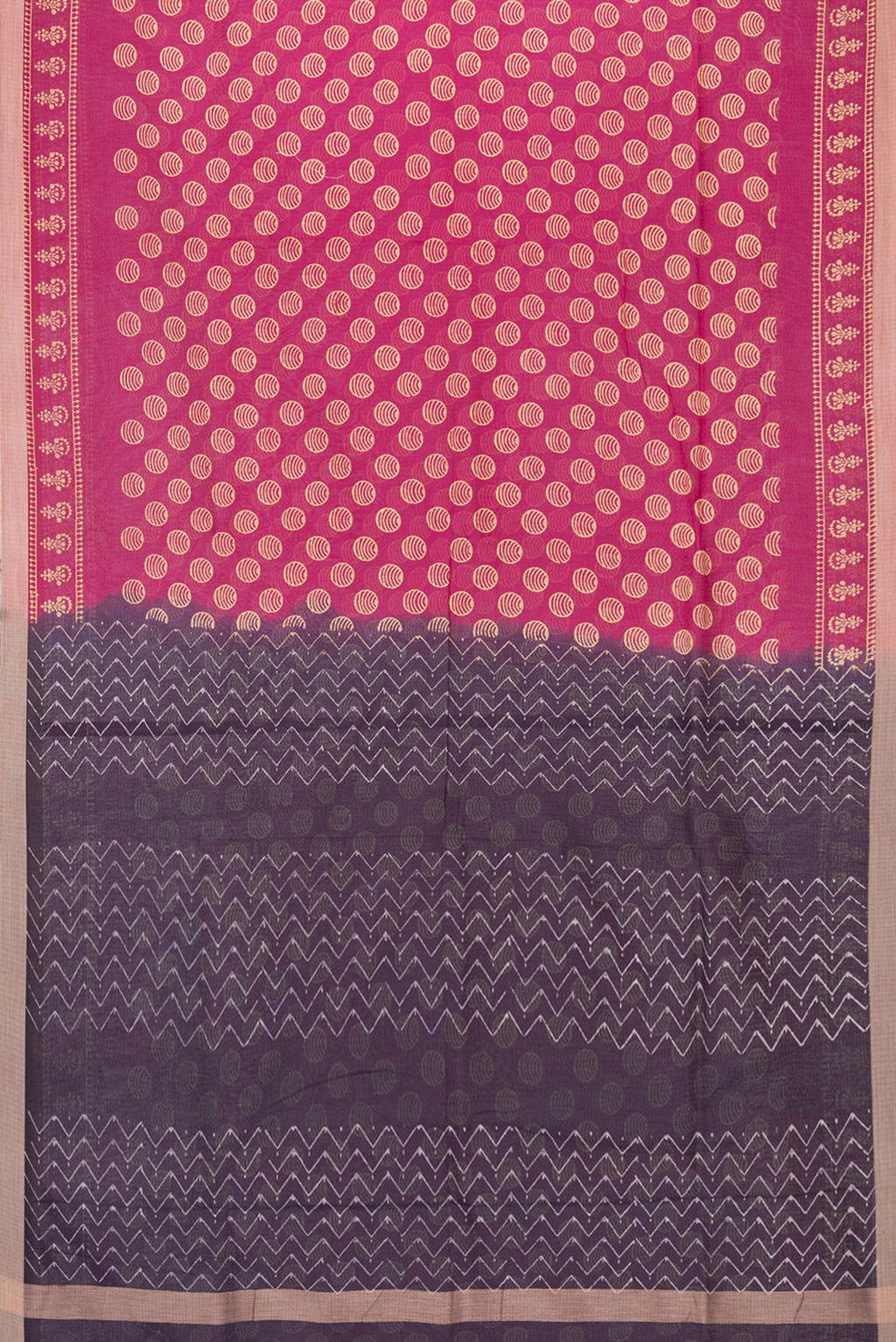 Flat view of Dark Pink Kota Cotton Saree with Printed design on the body and Printed Border. 