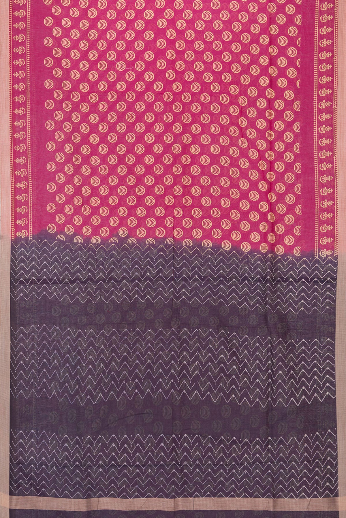Flat view of Dark Pink Kota Cotton Saree with Printed design on the body and Printed Border. 