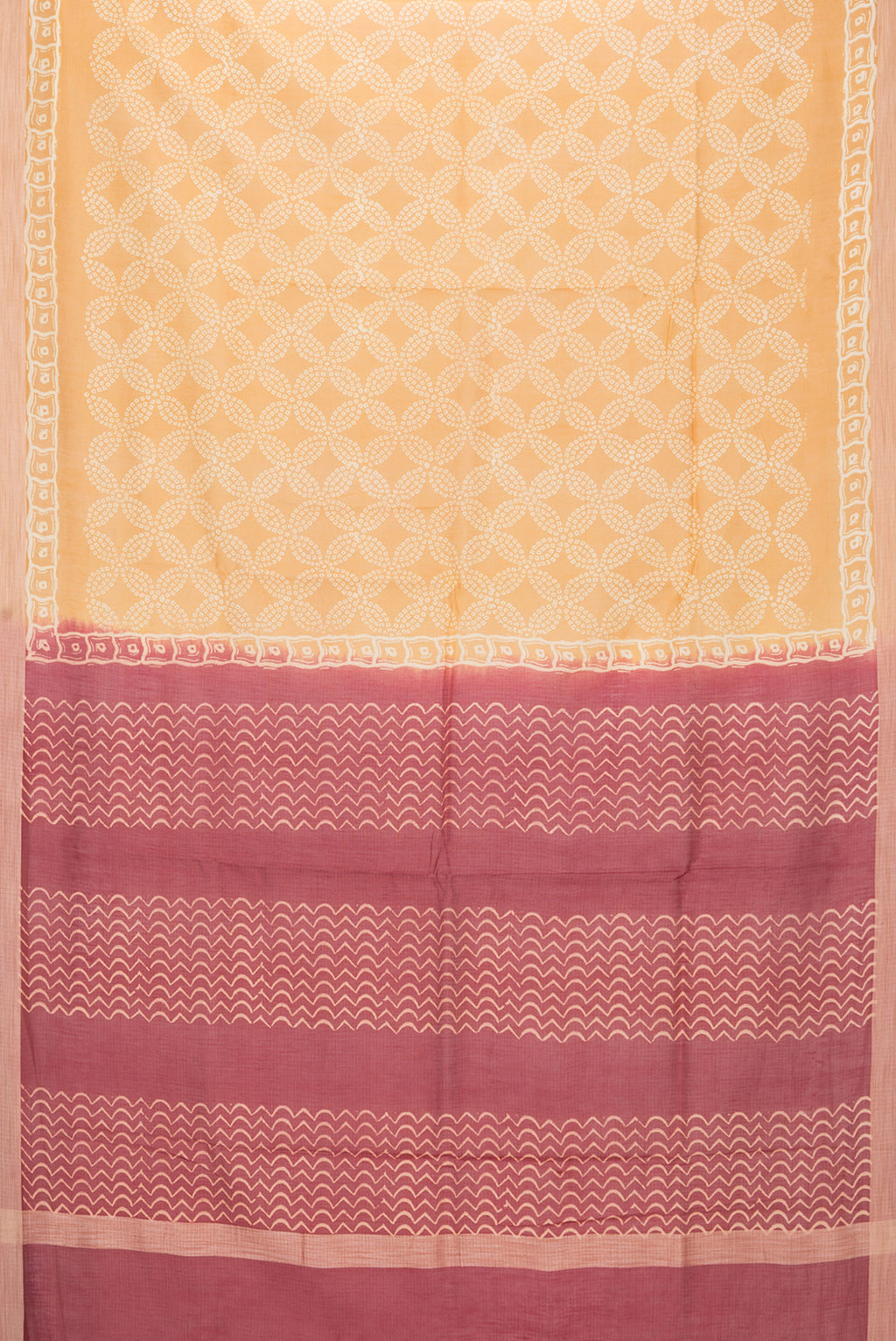 Flat view of Mustard Kota Silk Saree with Printed design on the body and Printed Border. 
