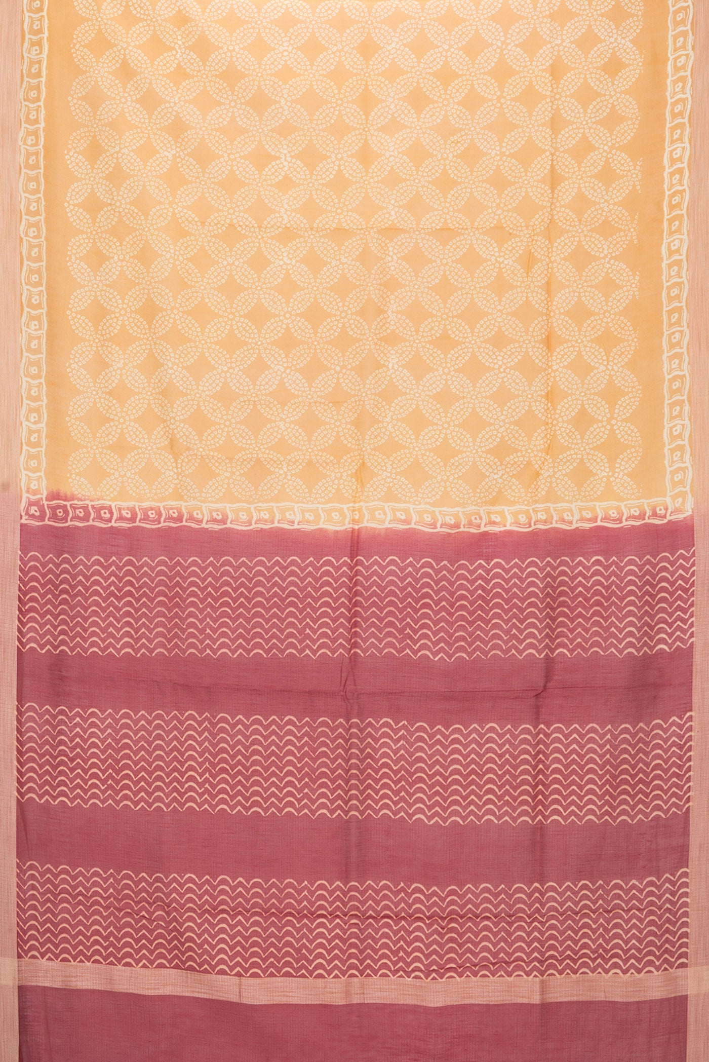Flat view of Mustard Kota Silk Saree with Printed design on the body and Printed Border. 