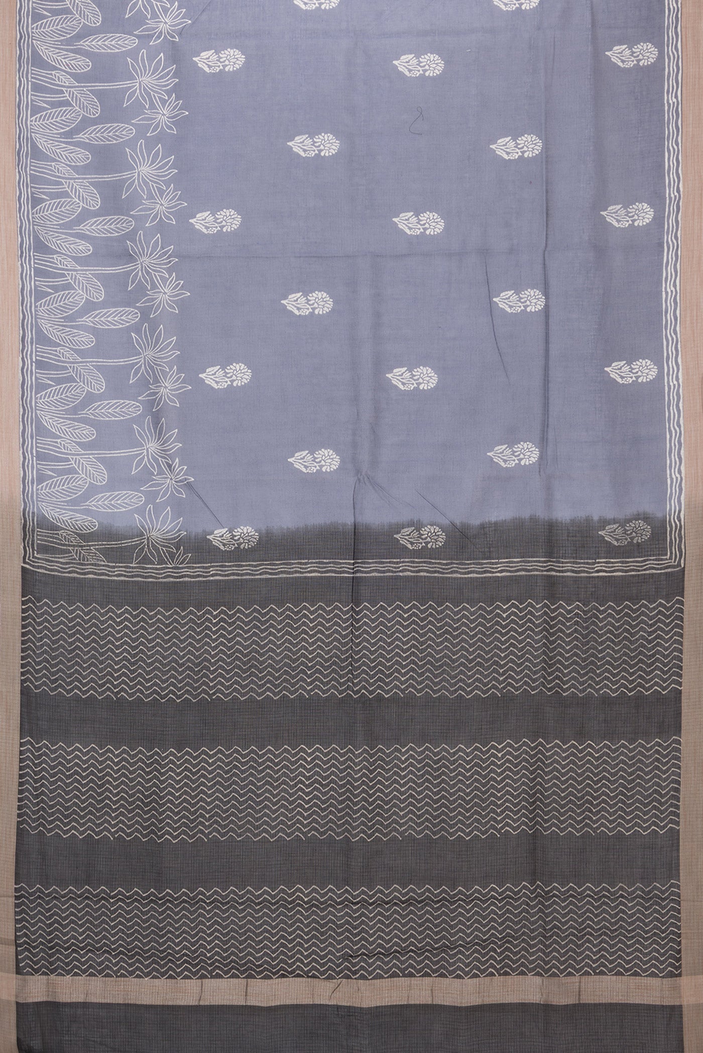 Flat view of Grey Kota Silk Saree with Printed design on the body and Printed Border. 