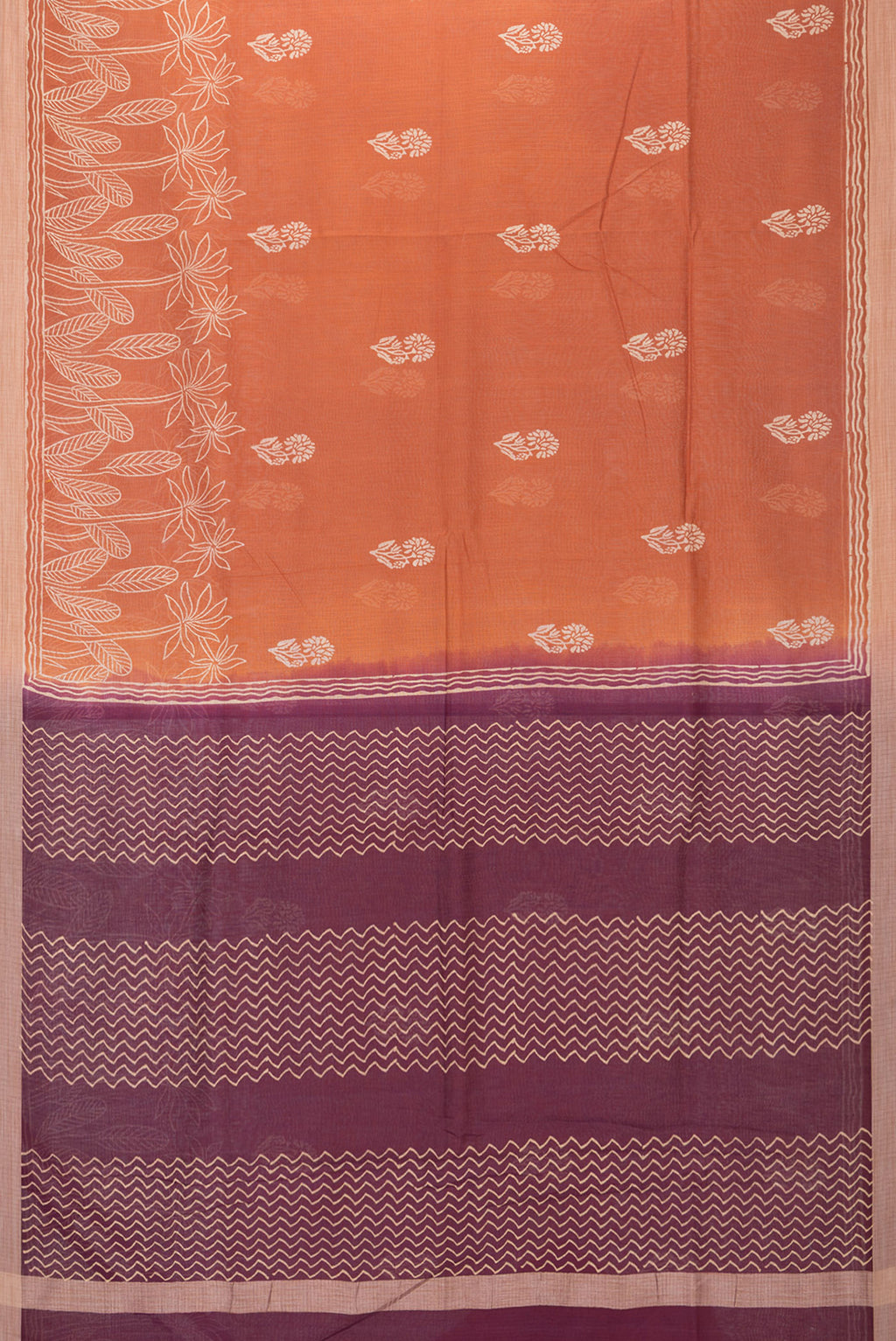 Flat view of Brick Orange Kota Cotton Saree with Printed design on the body and Printed Border. 