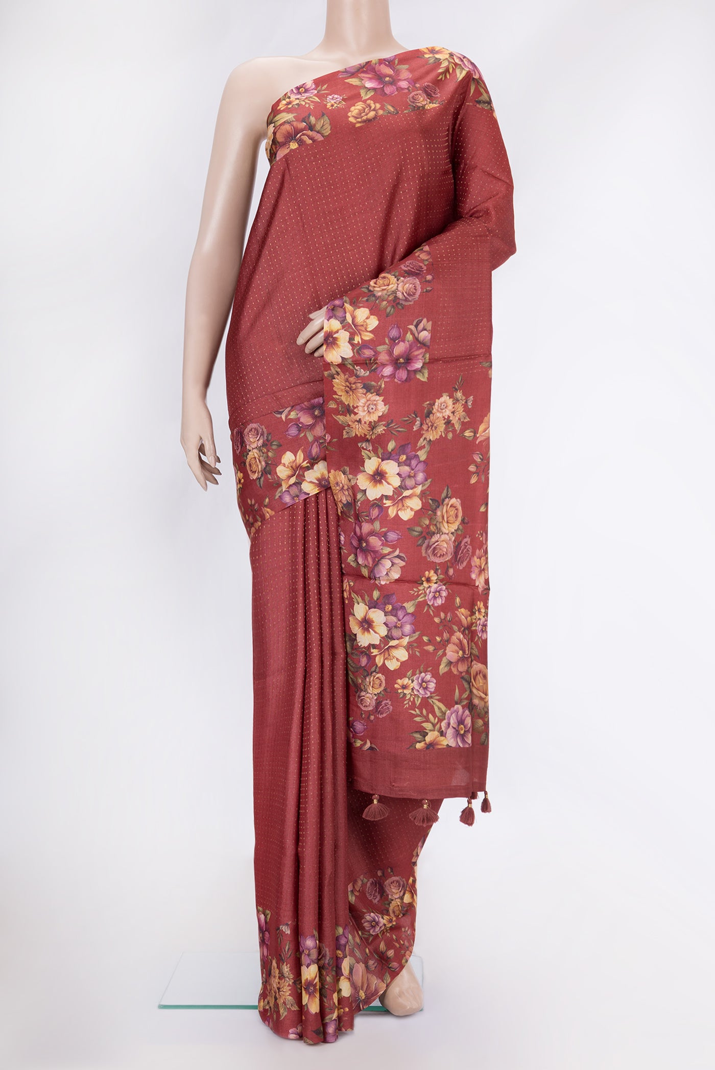 Maroon Dual Tone Tussar Silk Saree with Stripes on the body and Printed Border.  displayed on a mannequin