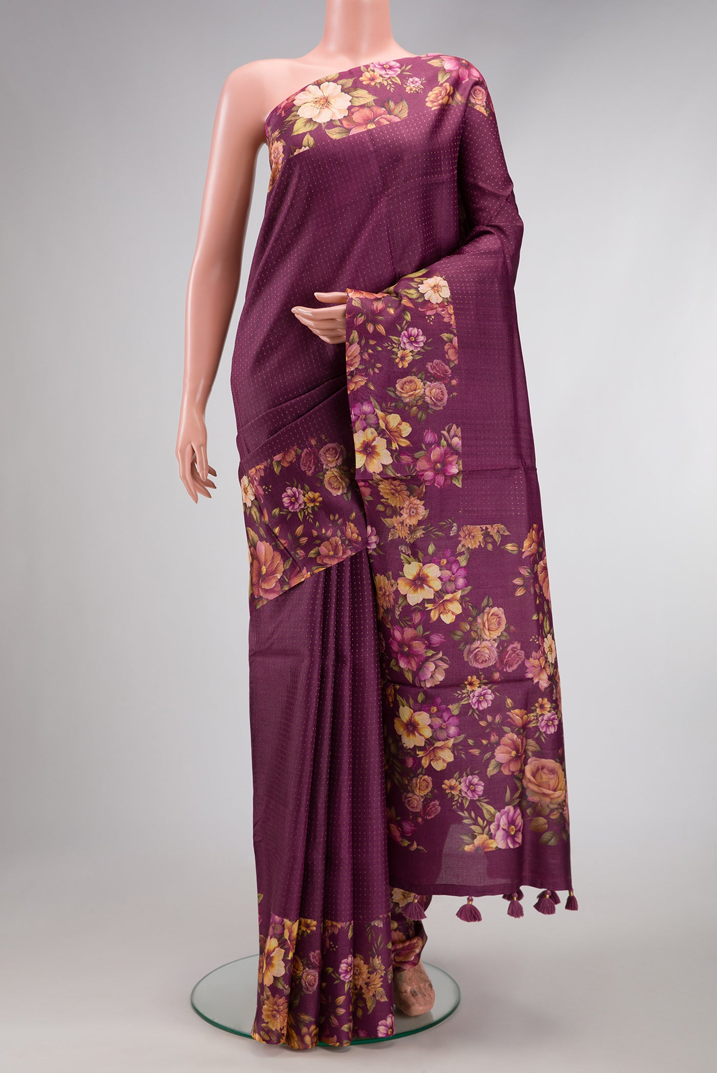 Magenta Dual Tone Tussar Silk Saree with Stripes on the body and Printed Border.  displayed on a mannequin