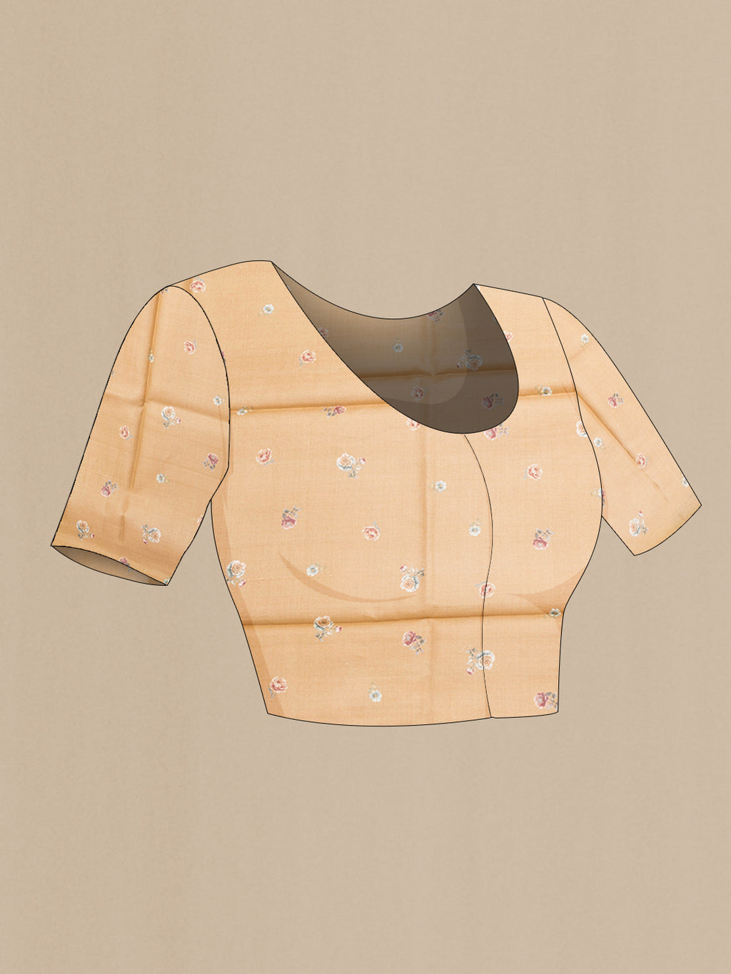 Close up image of the blouse of Sandal Tussar Silk Saree with Stripes on the body and Printed Border. 