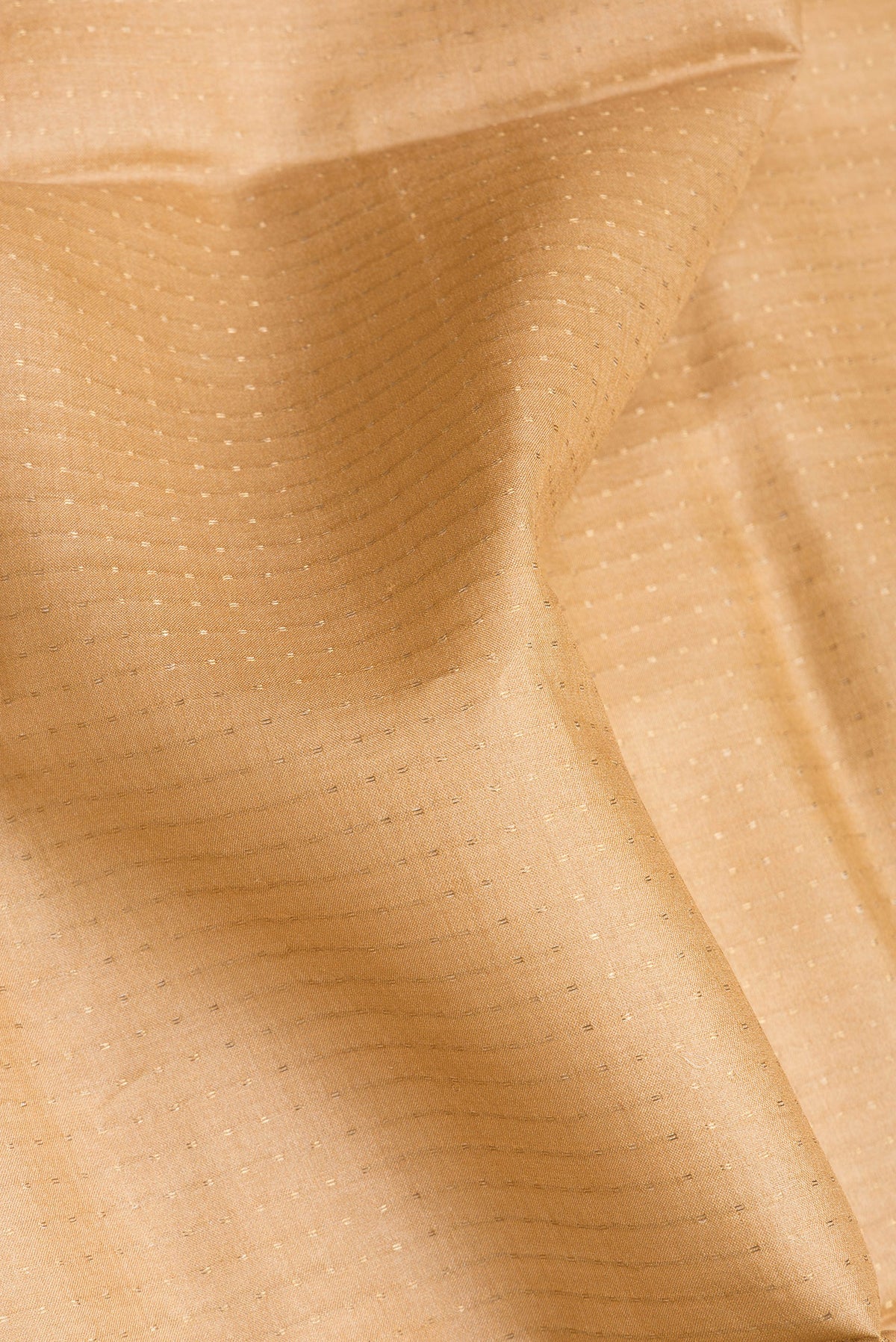 Close up of Sandal Tussar Silk Saree with Stripes on the body and Printed Border.  displaying folds