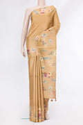 Sandal Tussar Silk Saree with Stripes on the body and Printed Border.  displayed on a mannequin