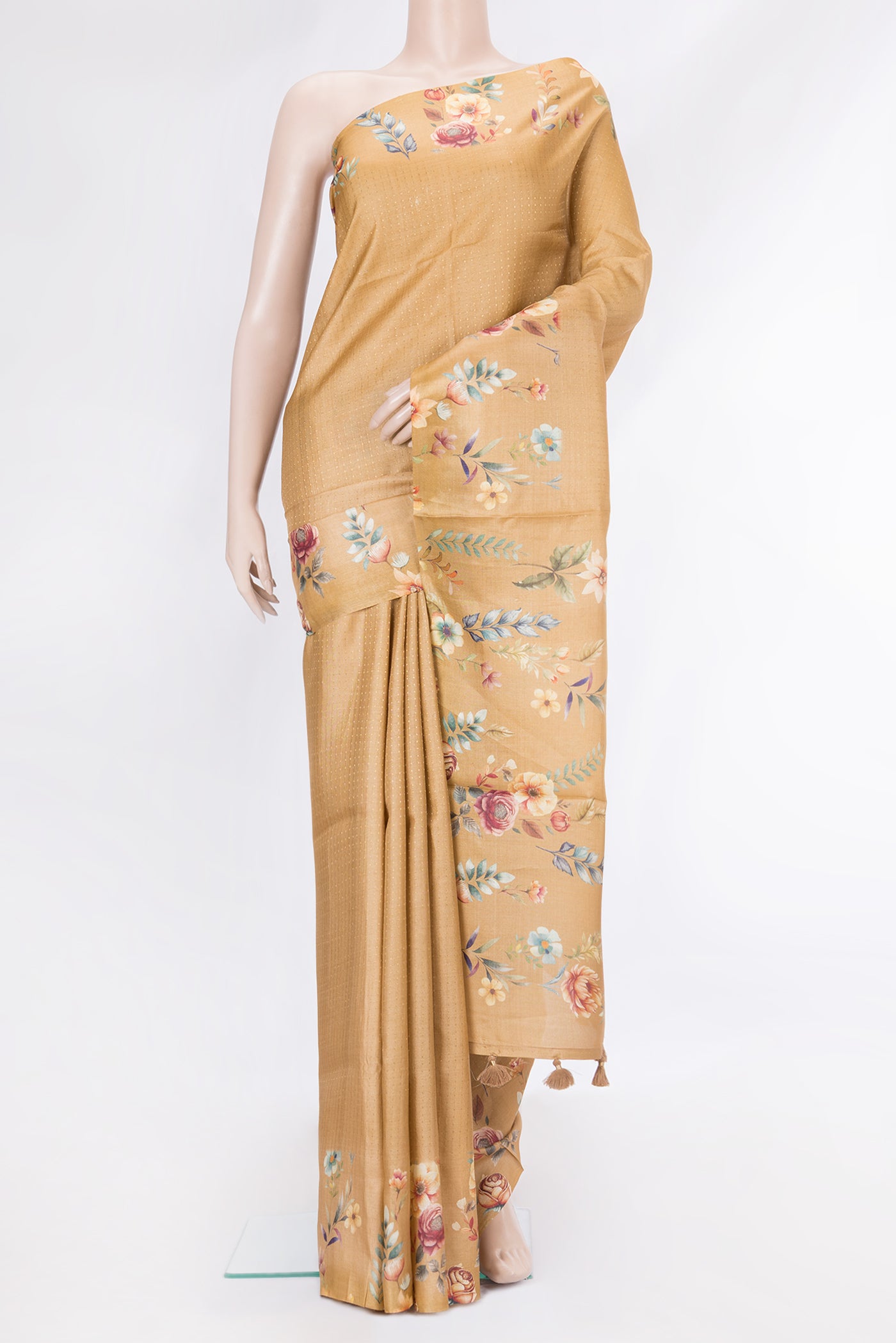 Sandal Tussar Silk Saree with Stripes on the body and Printed Border.  displayed on a mannequin