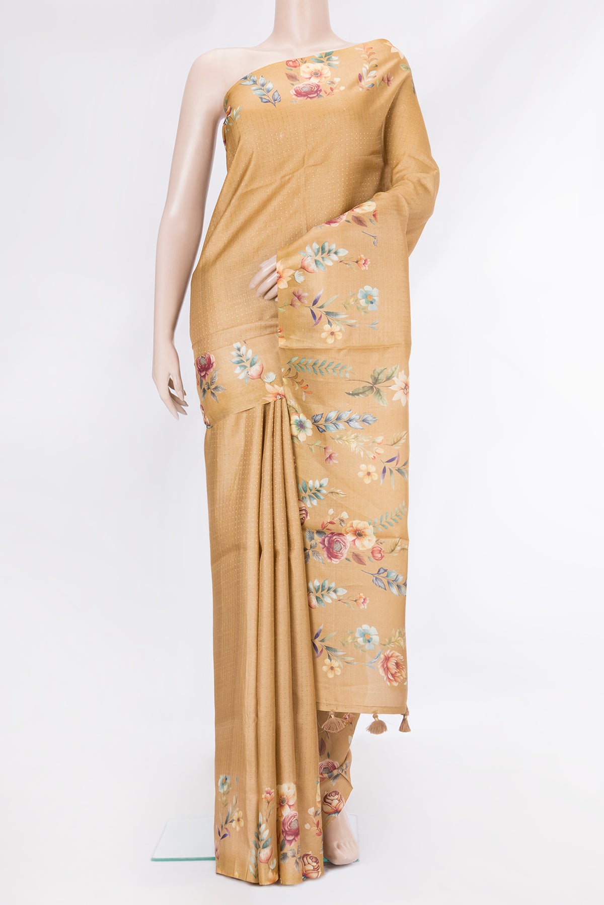 Sandal Tussar Silk Saree with Stripes on the body and Printed Border.  displayed on a mannequin