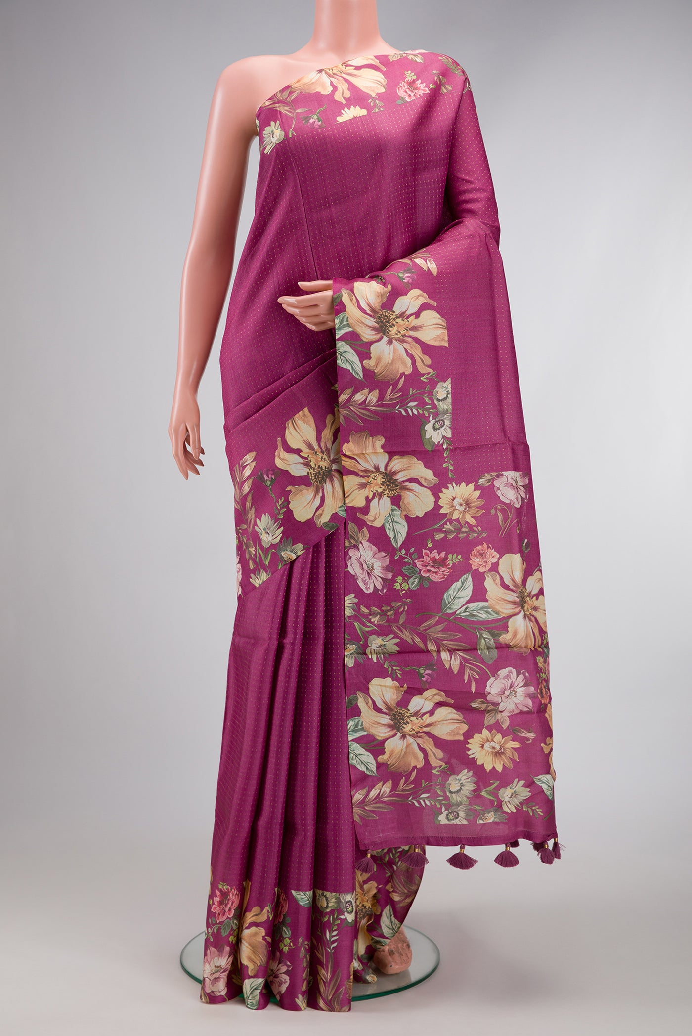 Pink Dual Tone Tussar Silk Saree with Stripes on the body and Printed Border.  displayed on a mannequin
