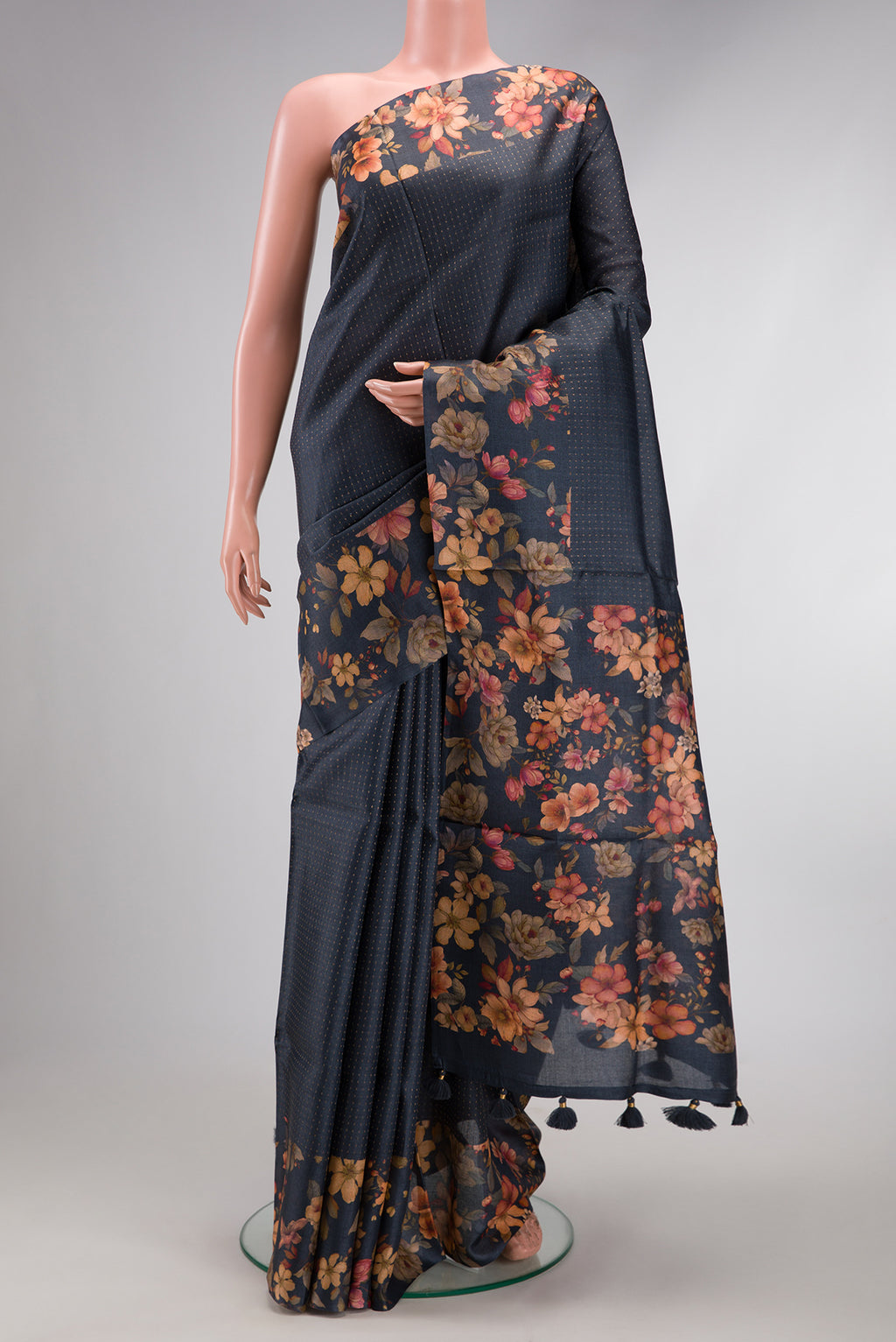 Grey Dual Tone Tussar Silk Saree with Stripes on the body and Printed Border.  displayed on a mannequin