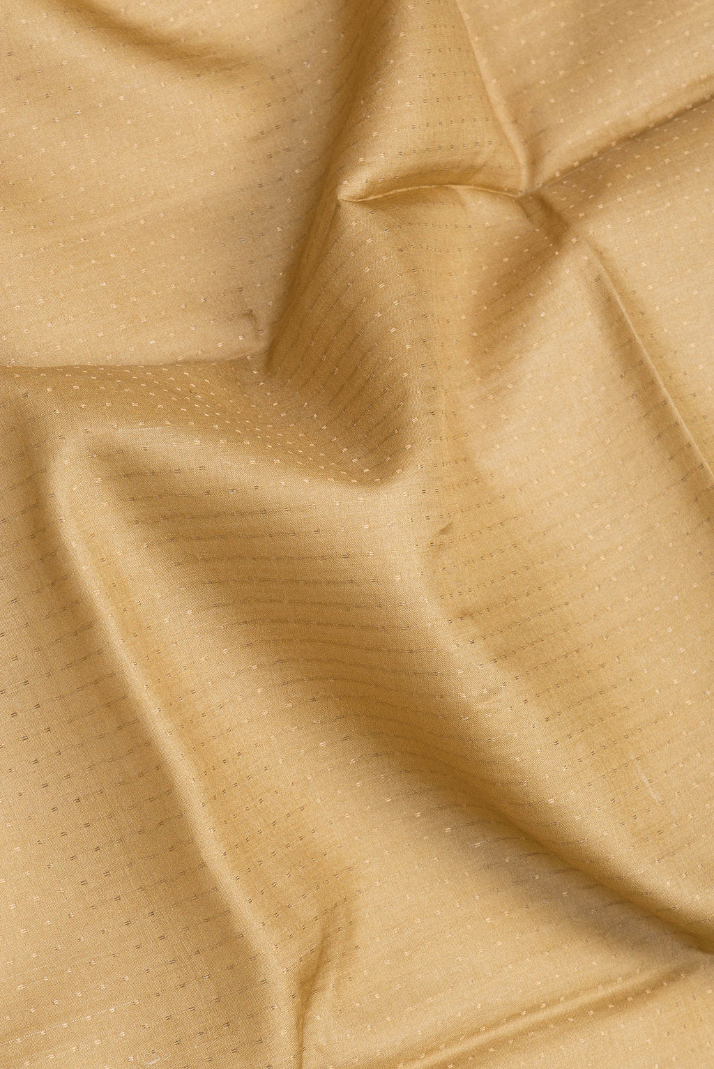Close up of Gold Dual Tone Tussar Silk Saree with Printed design on the body and Printed Border.  displaying folds