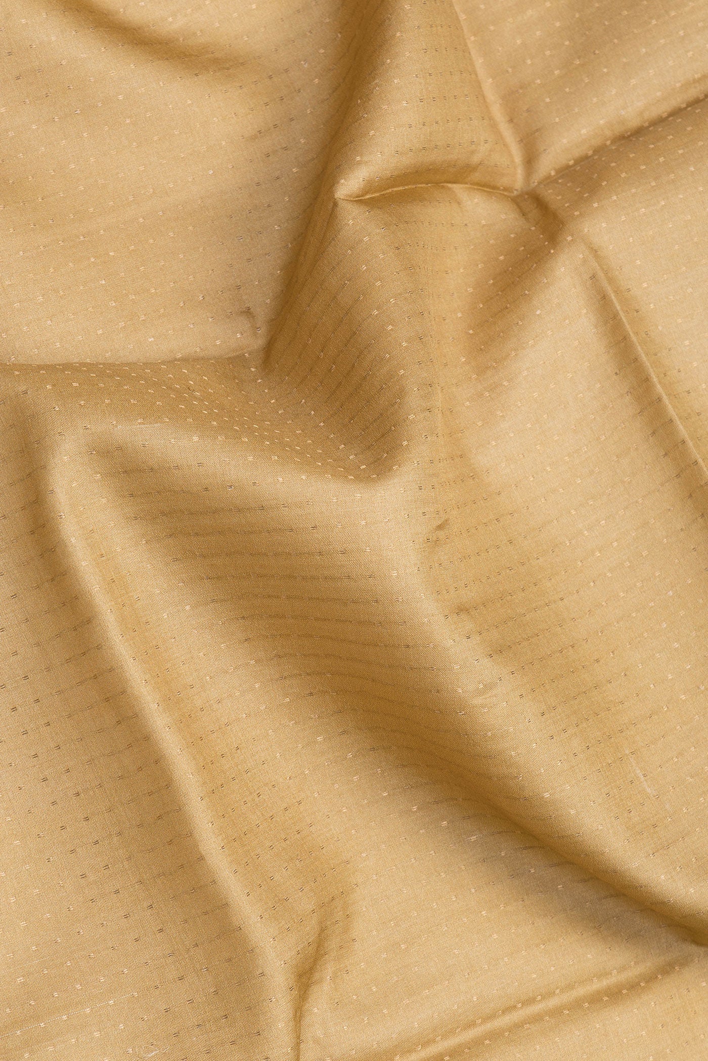 Close up of Gold Dual Tone Tussar Silk Saree with Printed design on the body and Printed Border.  displaying folds