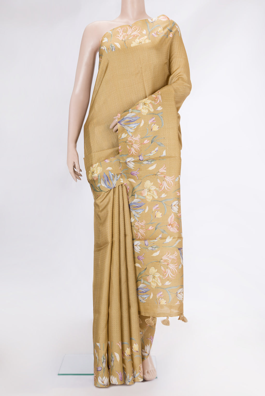Gold Dual Tone Tussar Silk Saree with Printed design on the body and Printed Border.  displayed on a mannequin