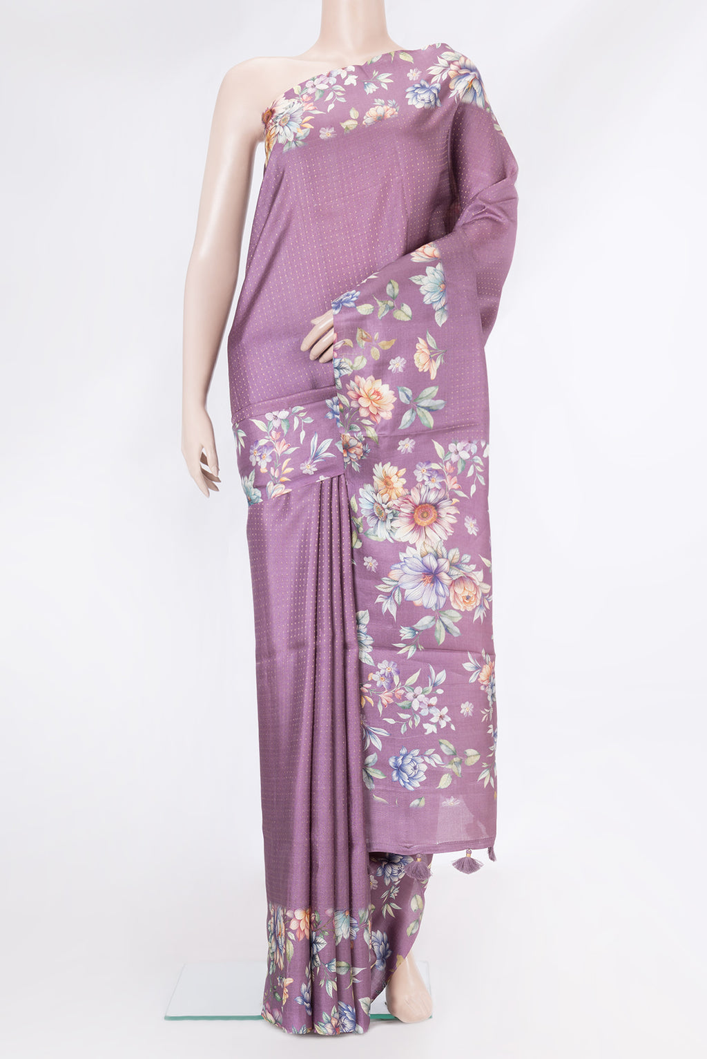 Lavender Dual Tone Tussar Silk Saree with Stripes on the body and Fancy Border.  displayed on a mannequin