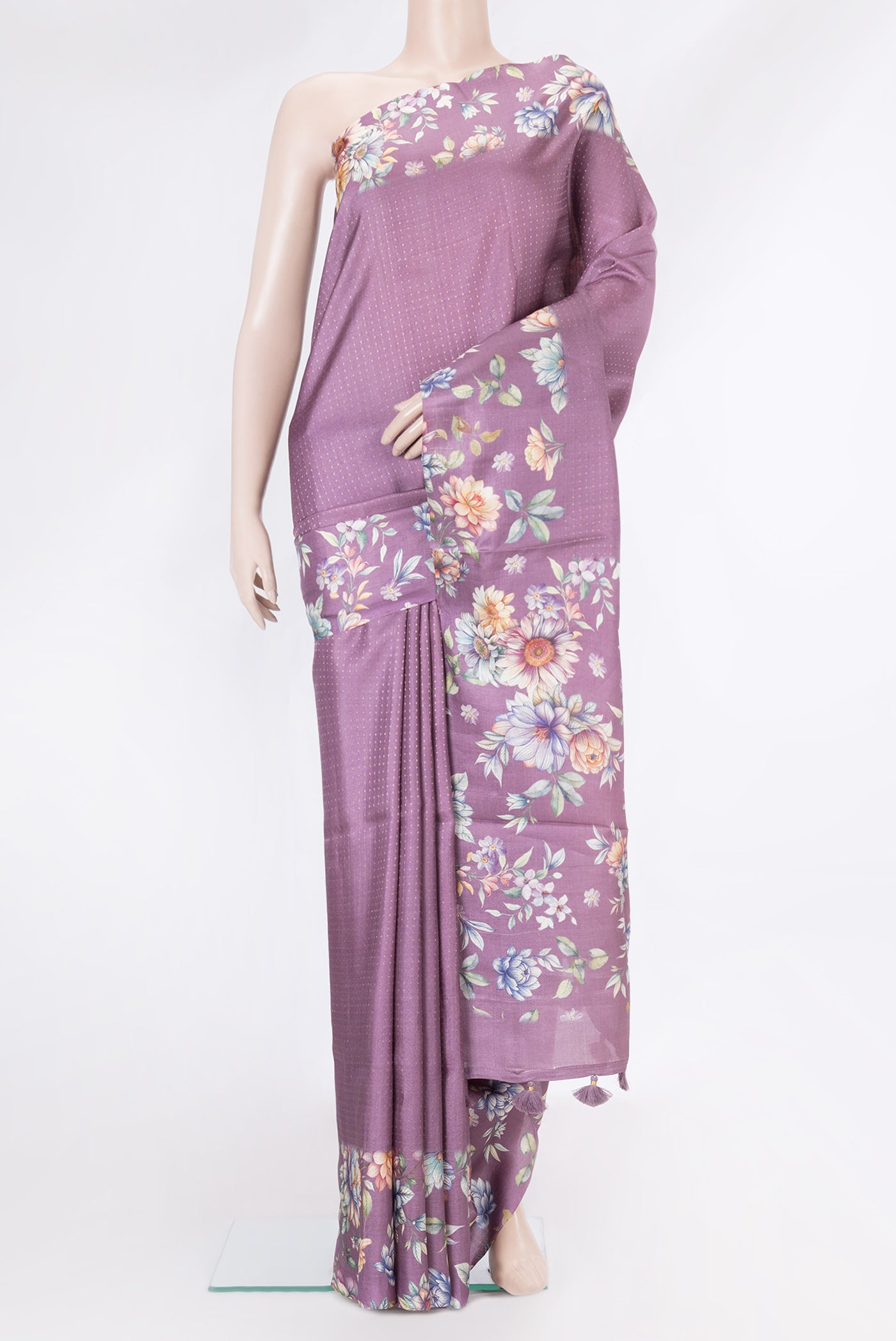 Lavender Dual Tone Tussar Silk Saree with Stripes on the body and Fancy Border.  displayed on a mannequin