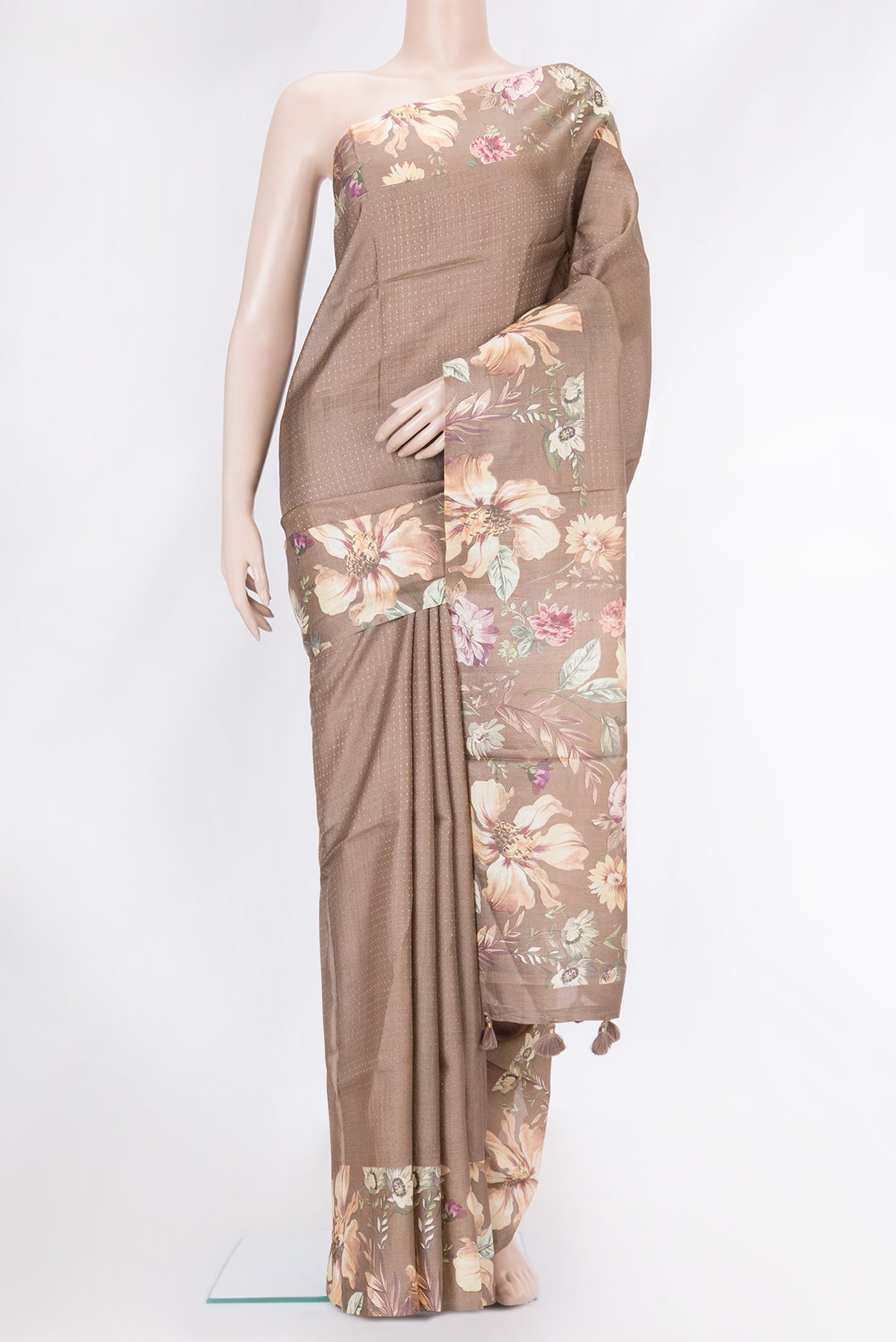 Brown Dual Tone Tussar Silk Saree with Stripes on the body and Printed Border.  displayed on a mannequin